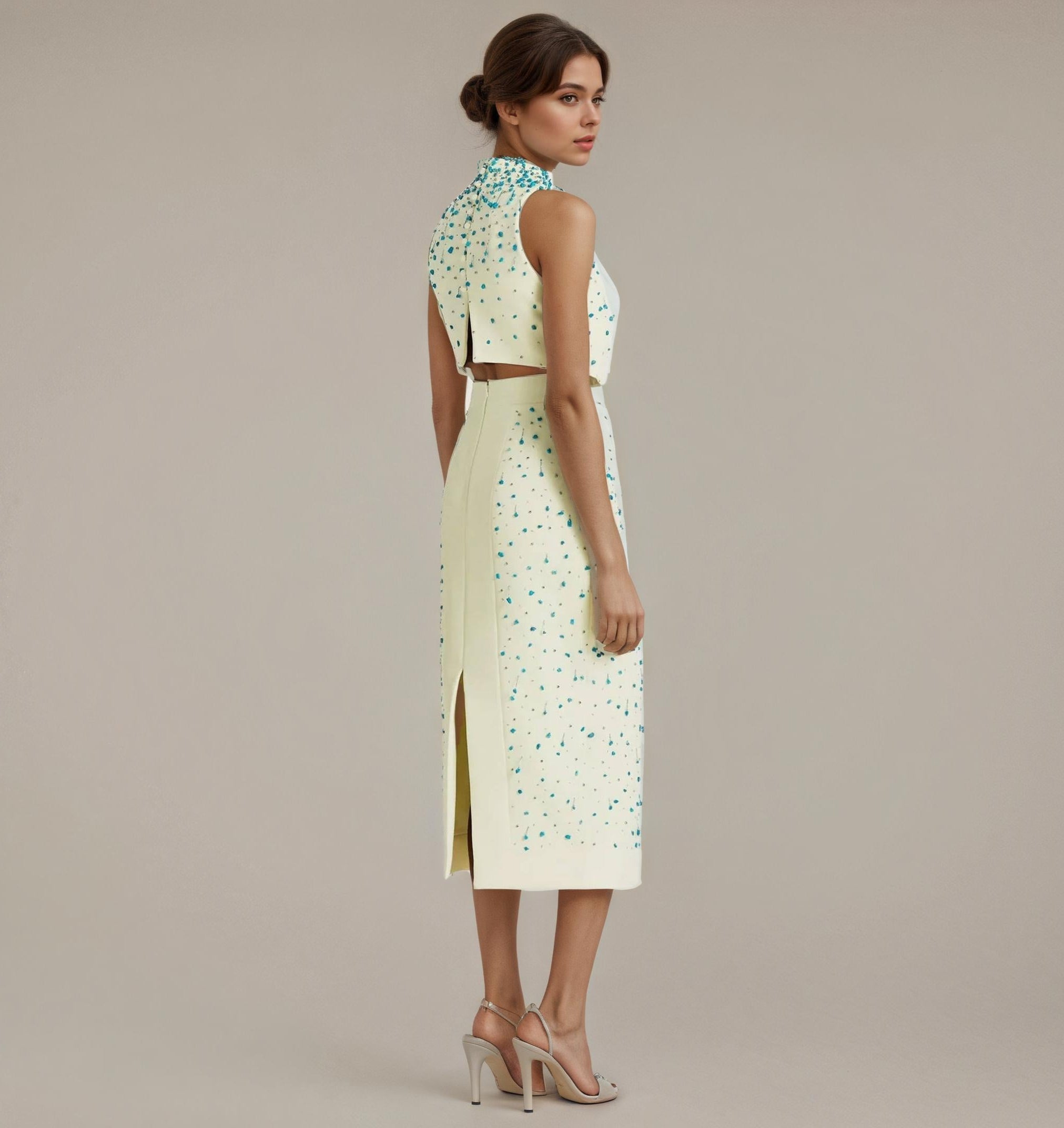 Turquoise Crystal Studded Crop Vest Skirt Set