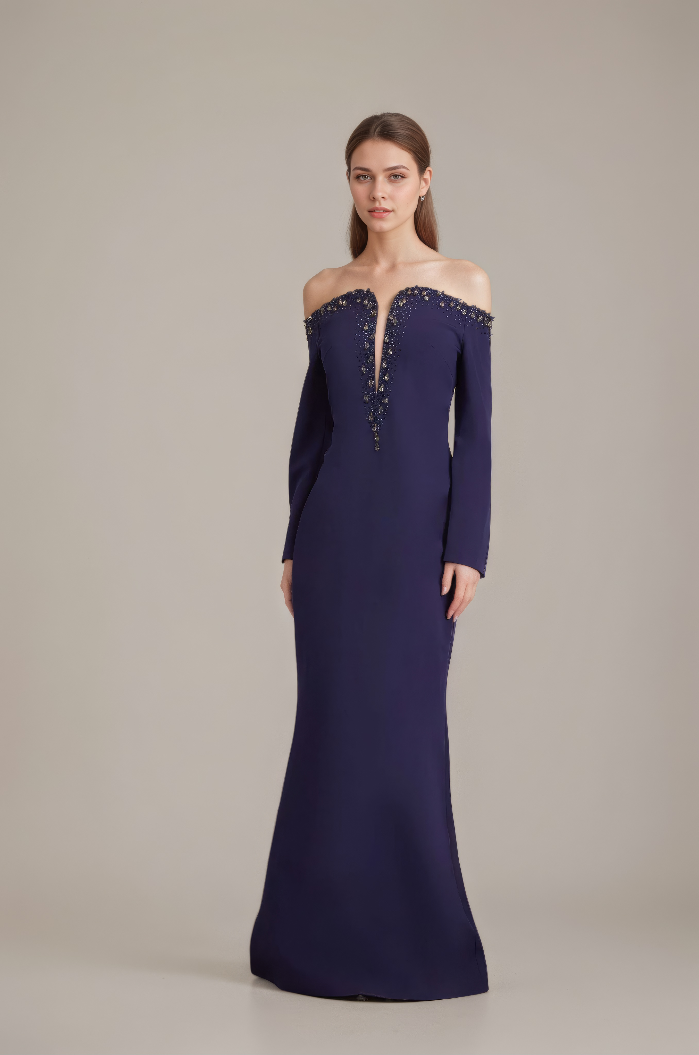 Navy Off-Shoulder Beaded Plunge Evening Gown