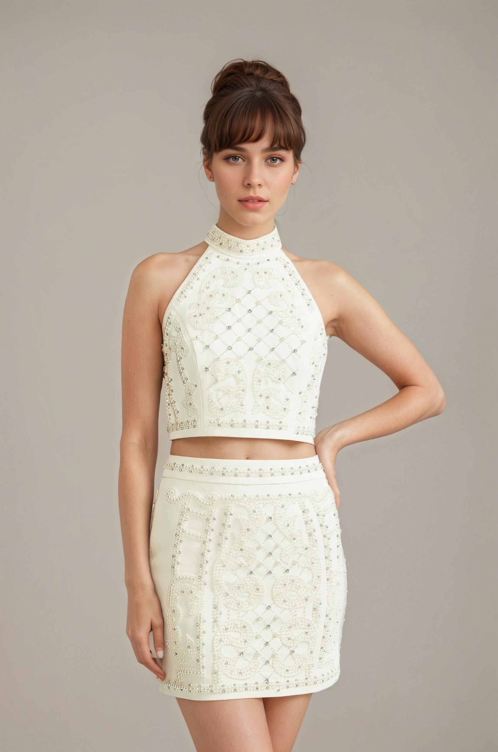 Sculpted Beadwork Glam Halterneck Mini Dress