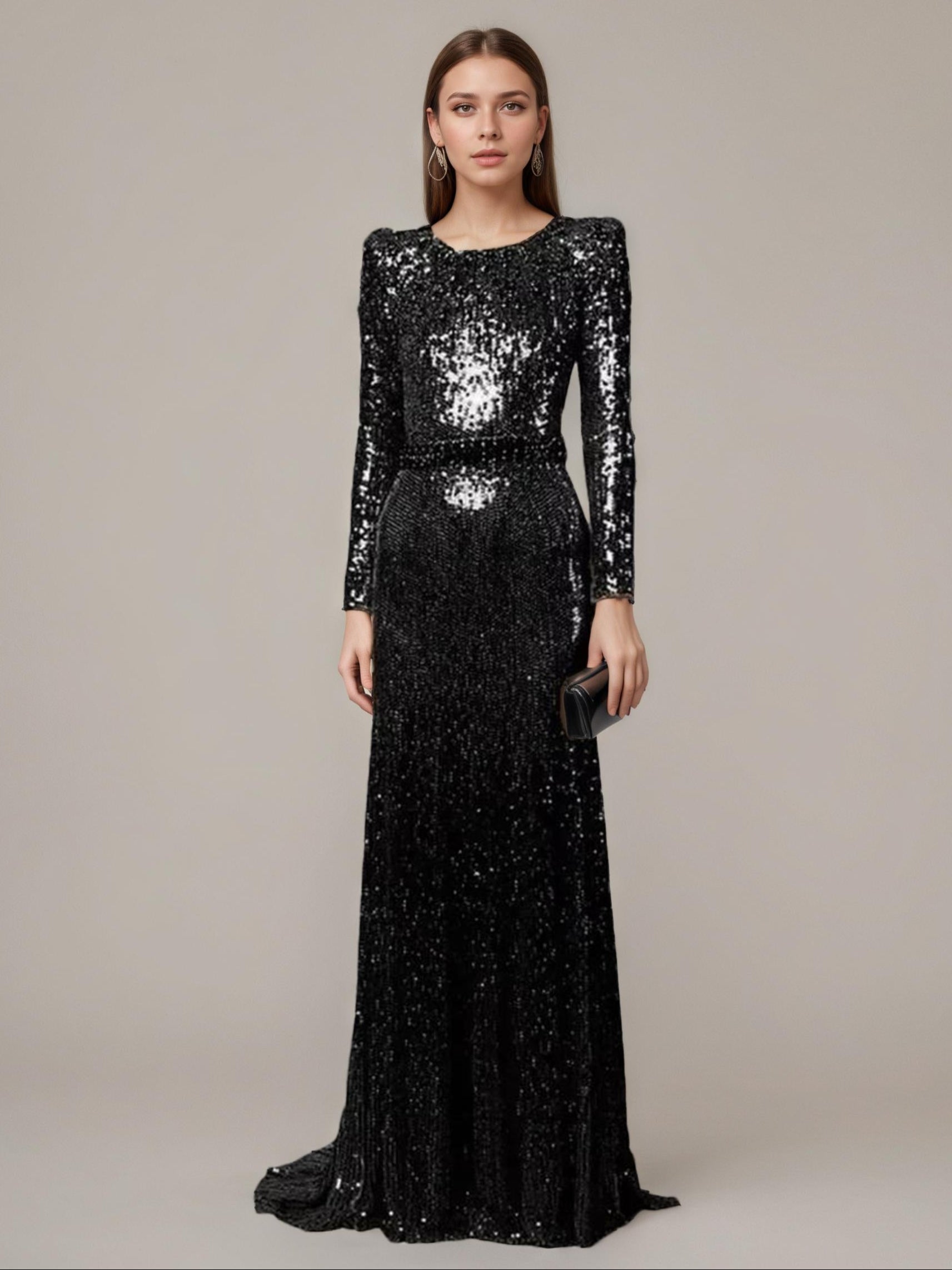 Black Sequin Long-Sleeve Mermaid Evening Gown