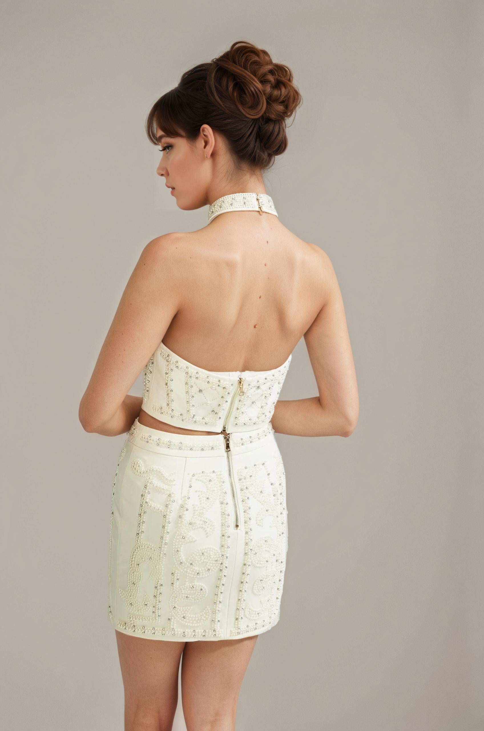 Sculpted Beadwork Glam Halterneck Mini Dress
