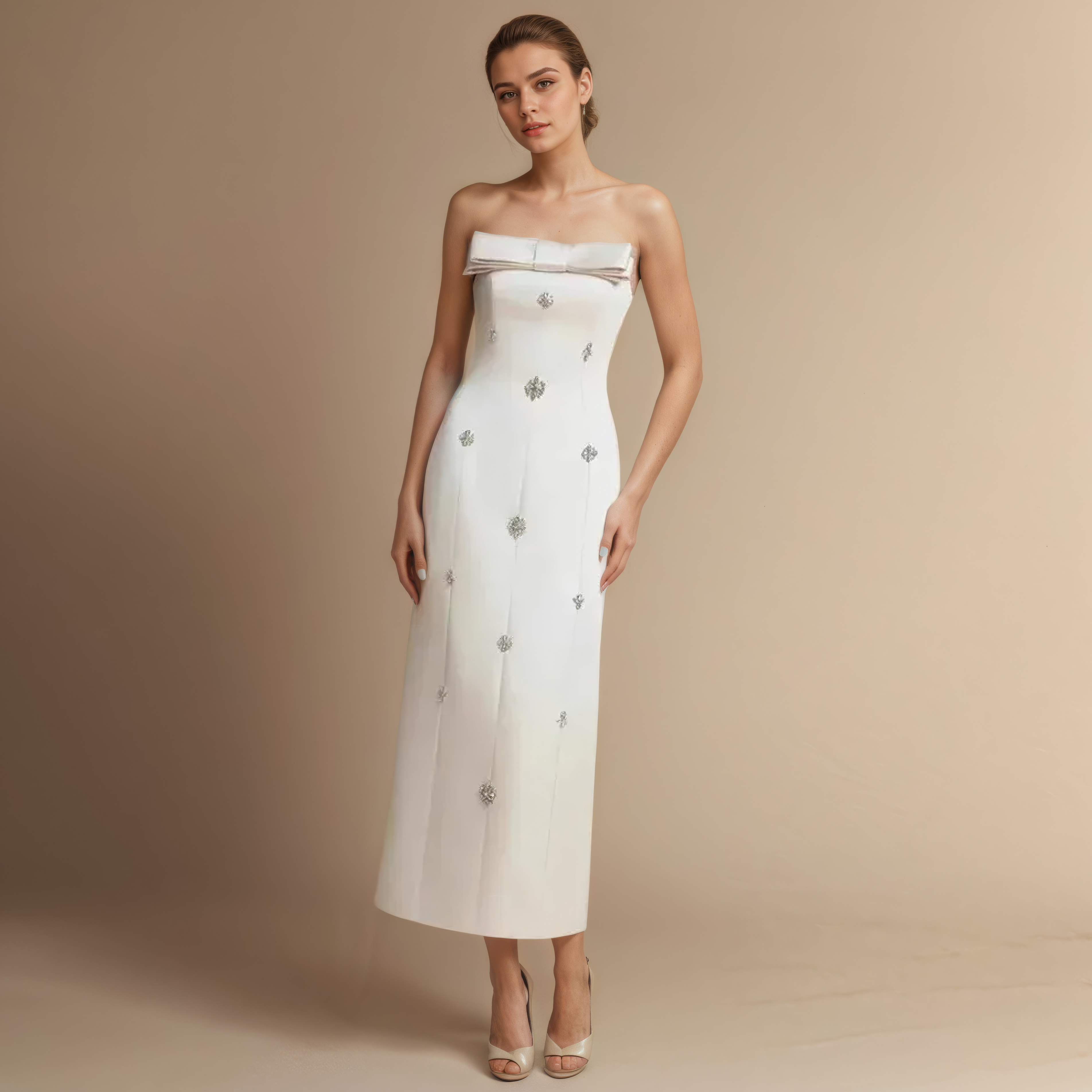 Ivory Poise Bow Crystal Column Gown