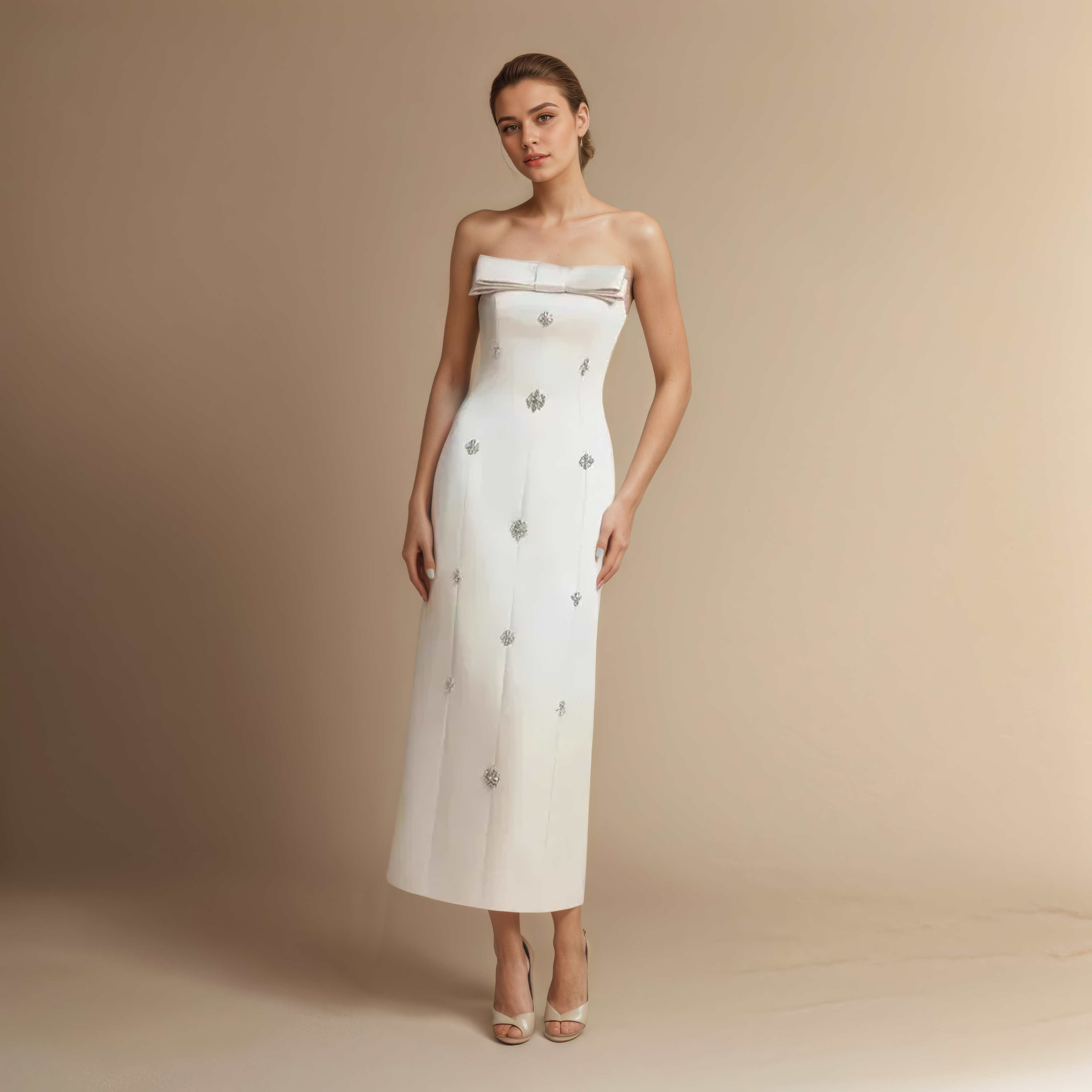 Ivory Poise Bow Crystal Column Gown