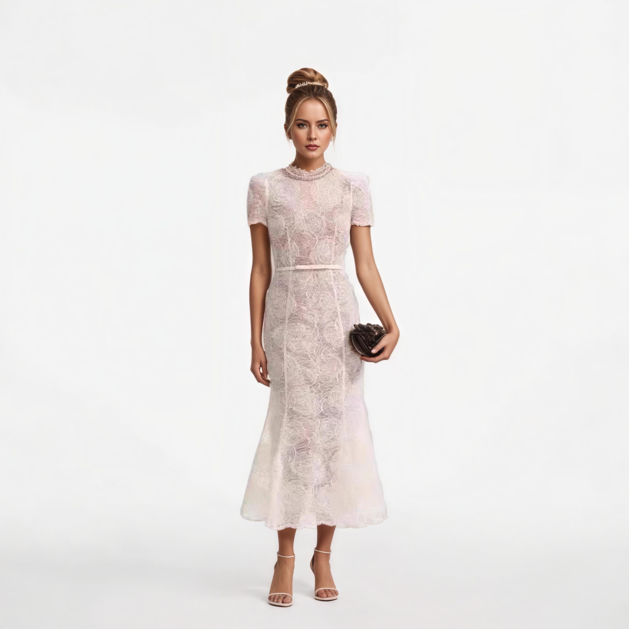 Ivory Floral Lace Crew-Neck Midi Dress