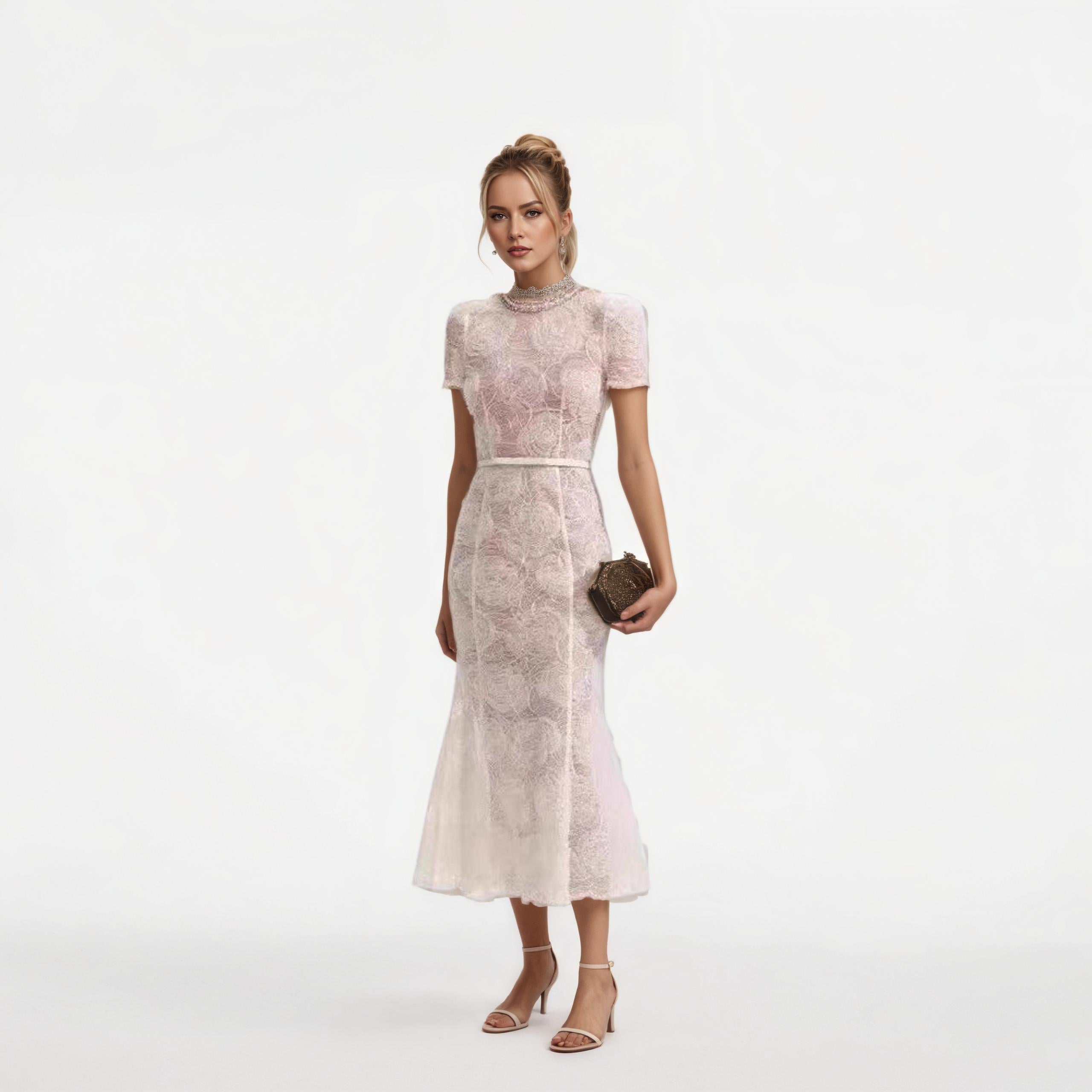 Ivory Floral Lace Crew-Neck Midi Dress