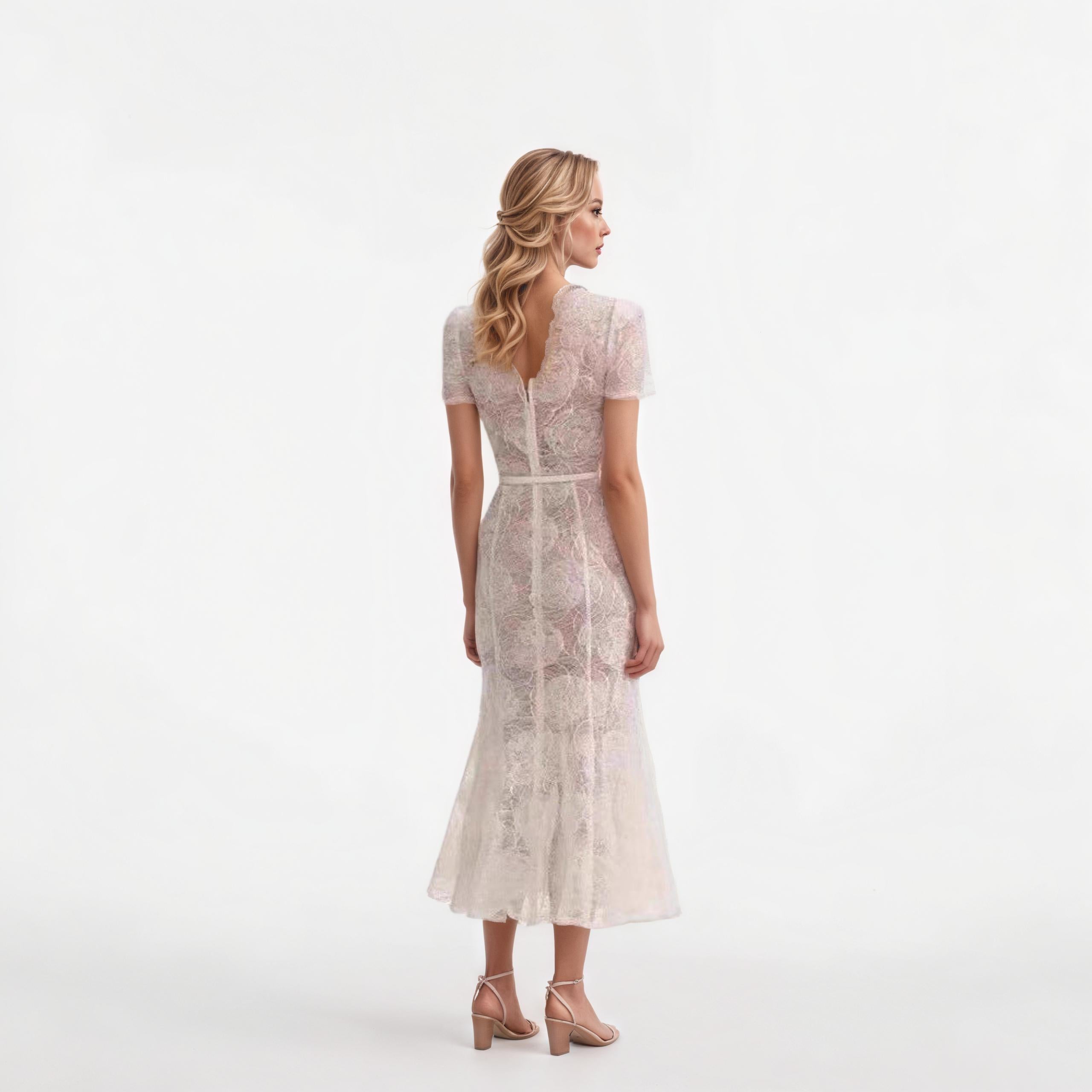 Ivory Floral Lace Crew-Neck Midi Dress