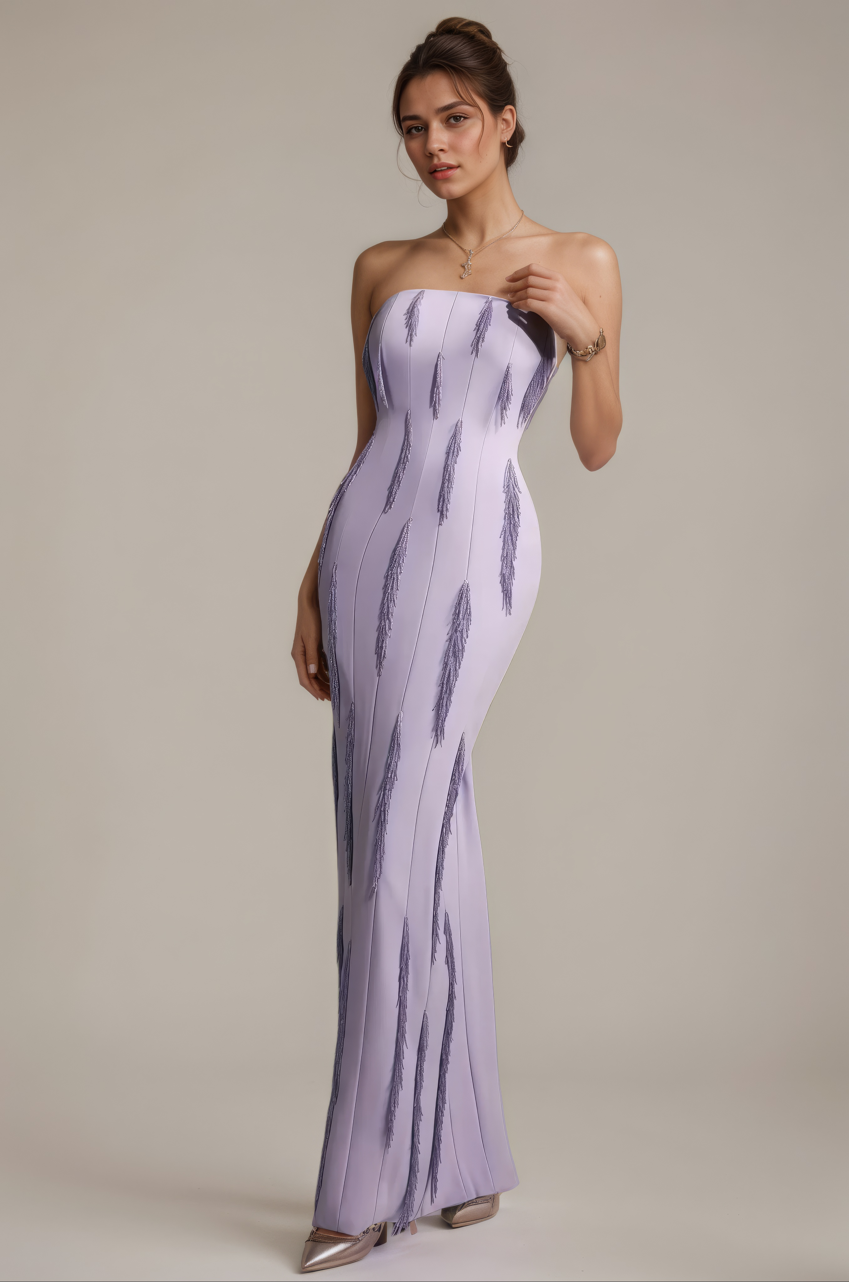 Lavender Strapless Beaded Fringe Column Gown