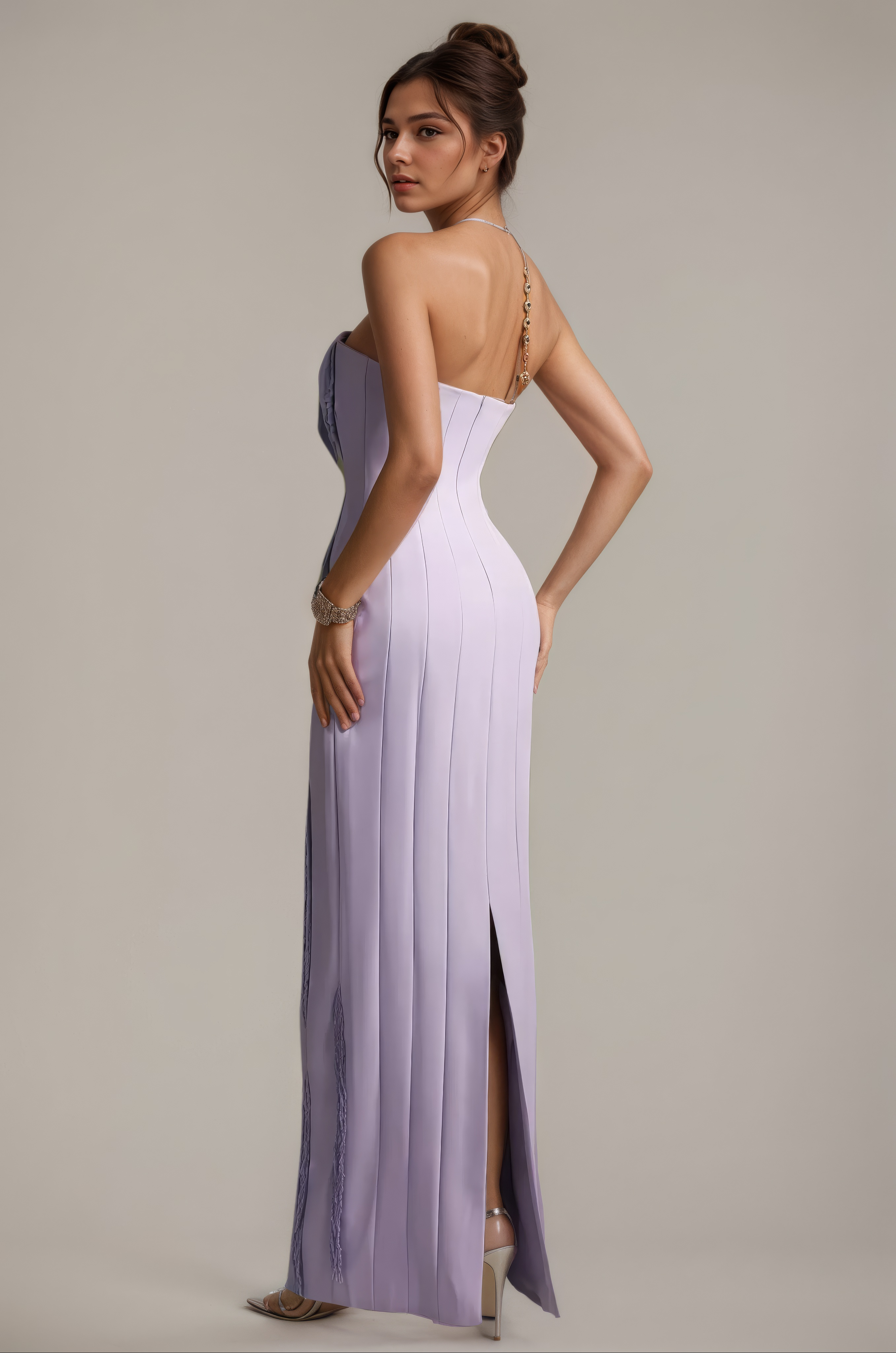 Lavender Strapless Beaded Fringe Column Gown
