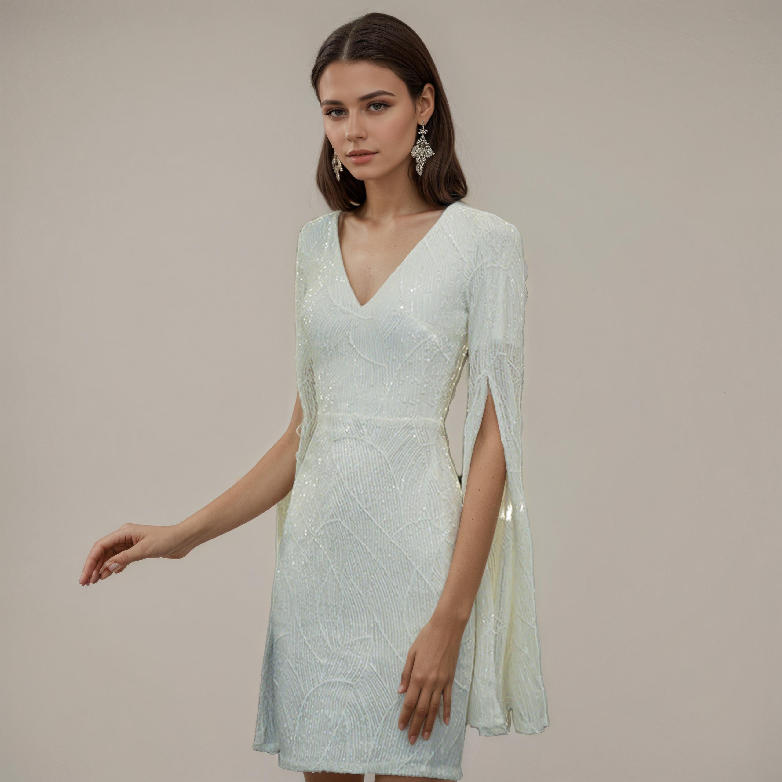 White Sequined Cape-Sleeve Mini Dress