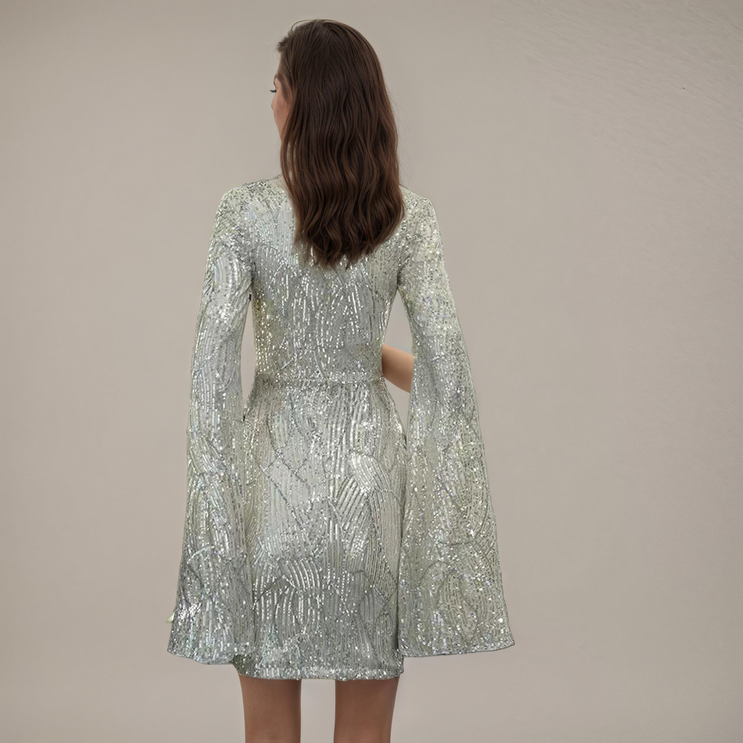 Champagne Silver Sequined Cape-Sleeve Cocktail Dress