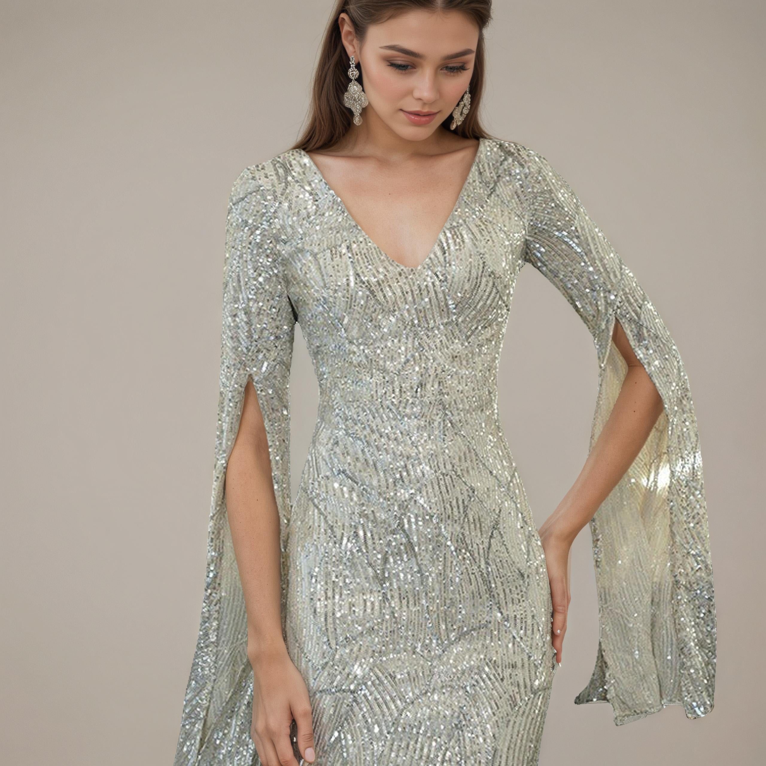 Champagne Silver Sequined Cape-Sleeve Cocktail Dress