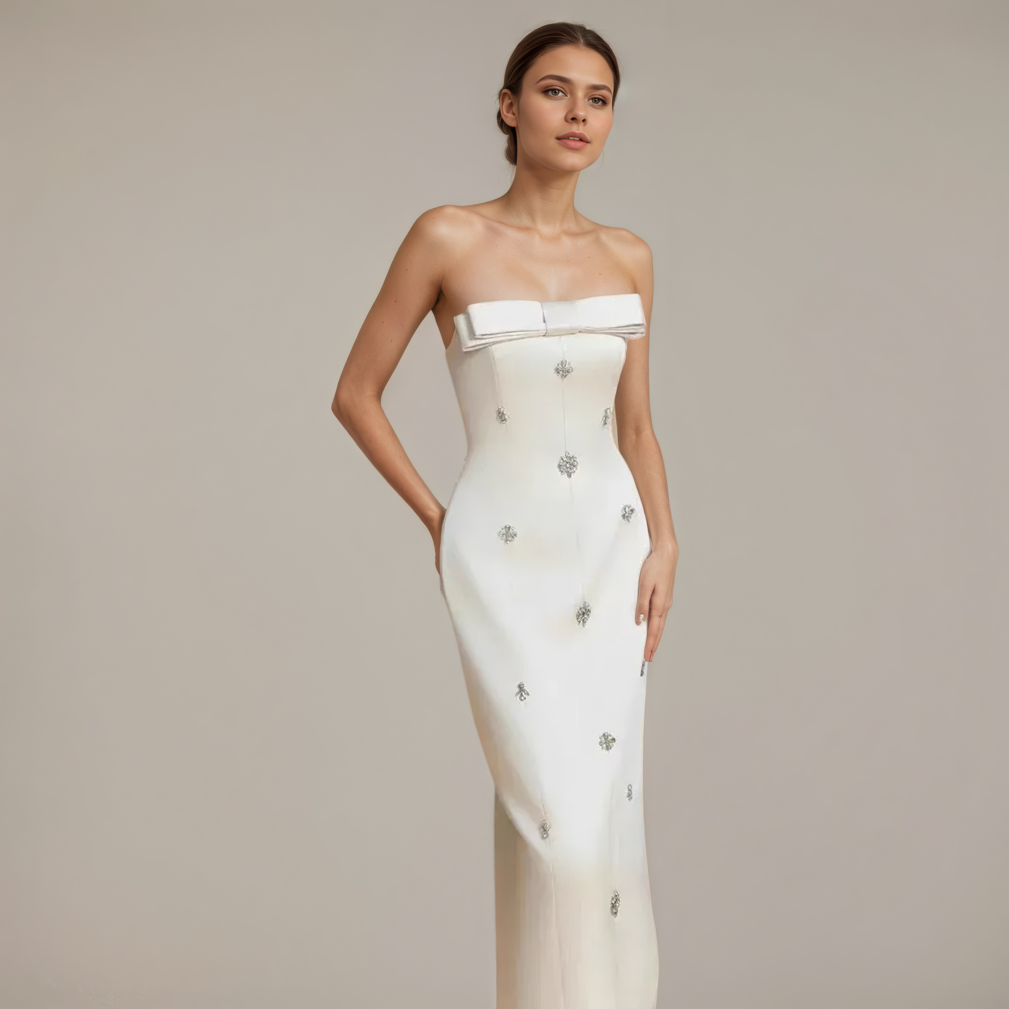 Ivory Poise Bow Crystal Column Gown