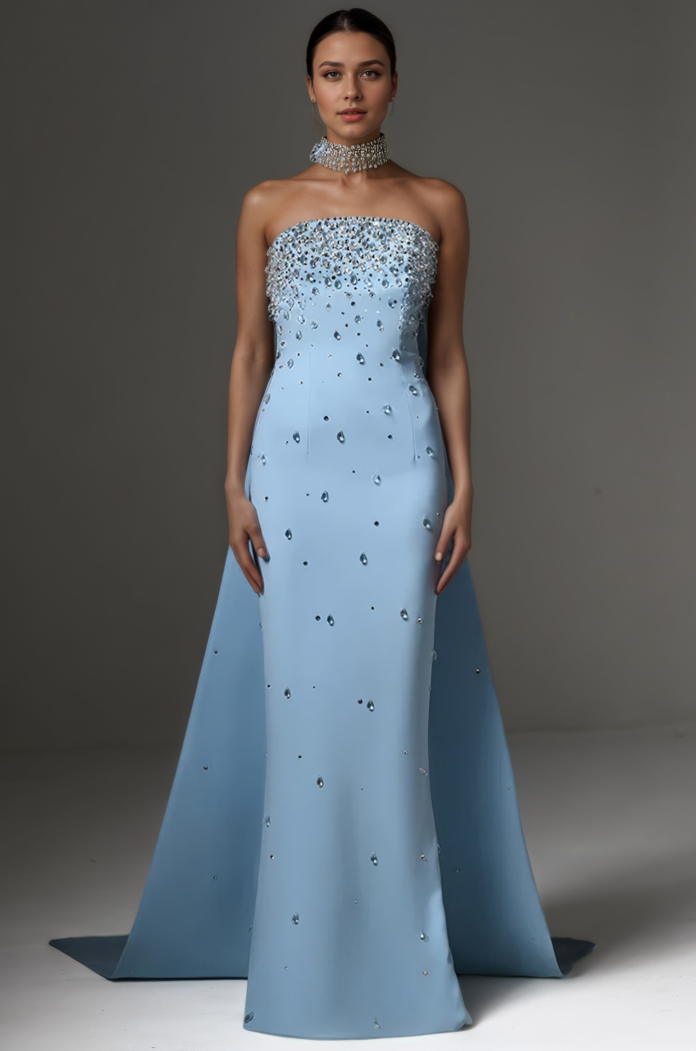 Woman wearing a light blue strapless gown with intricate detailing on a gray background