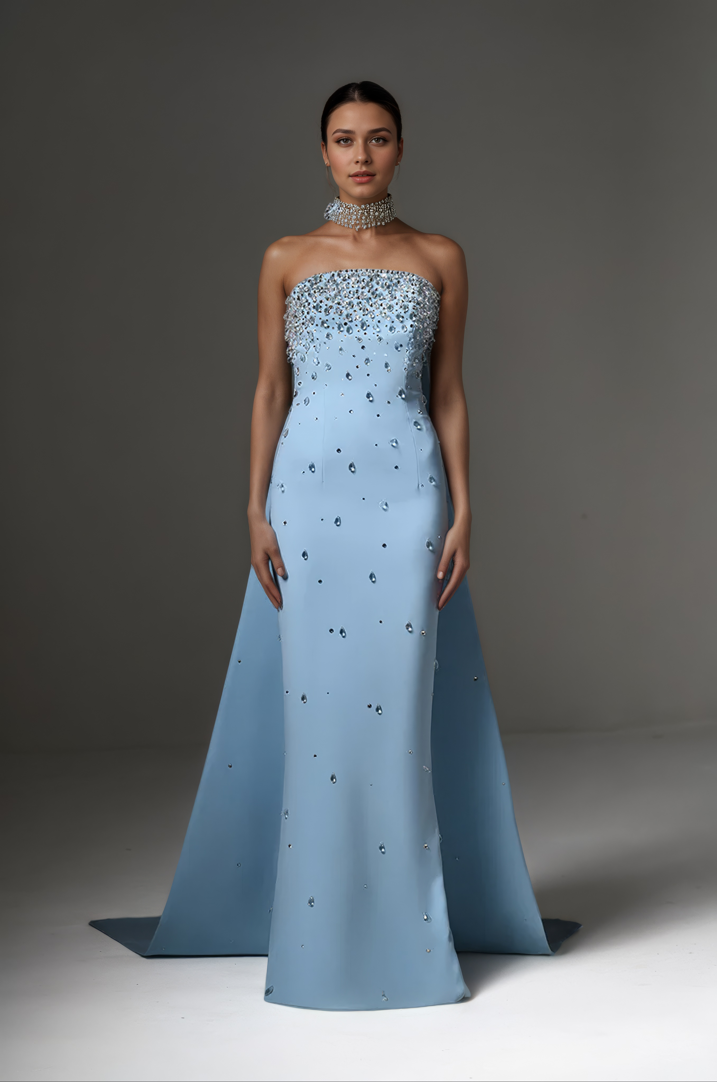 Blue Crystal Cape-Back Evening Gown