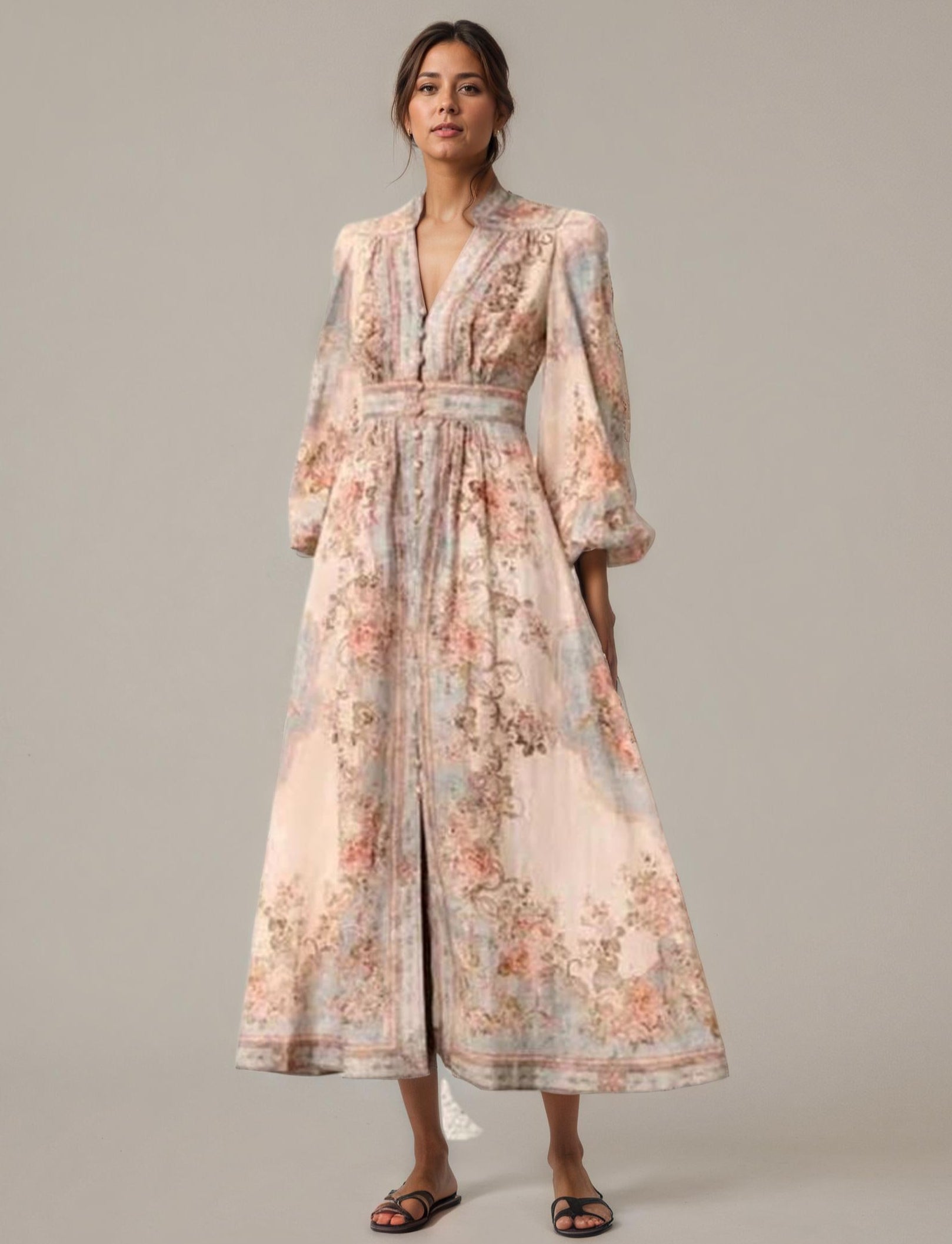Vintage Floral Puff-Sleeve Maxi Dress