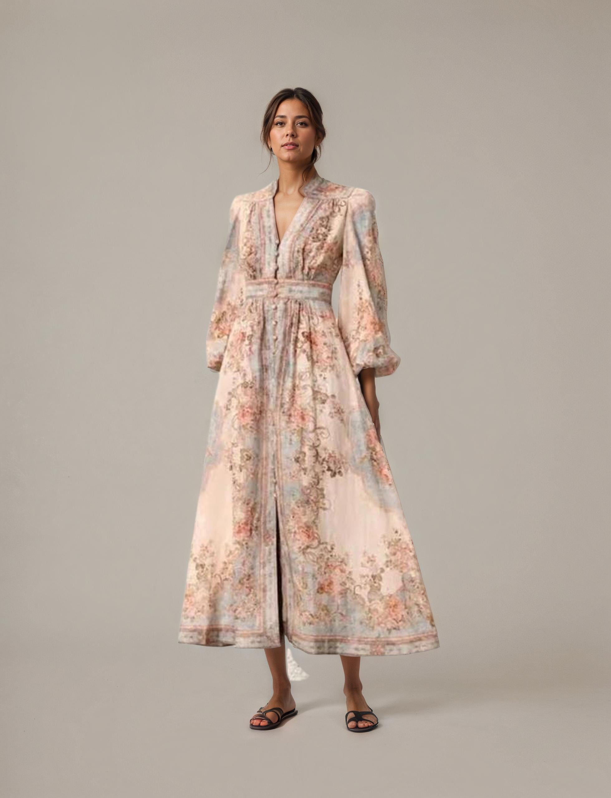 Vintage Floral Puff-Sleeve Maxi Dress
