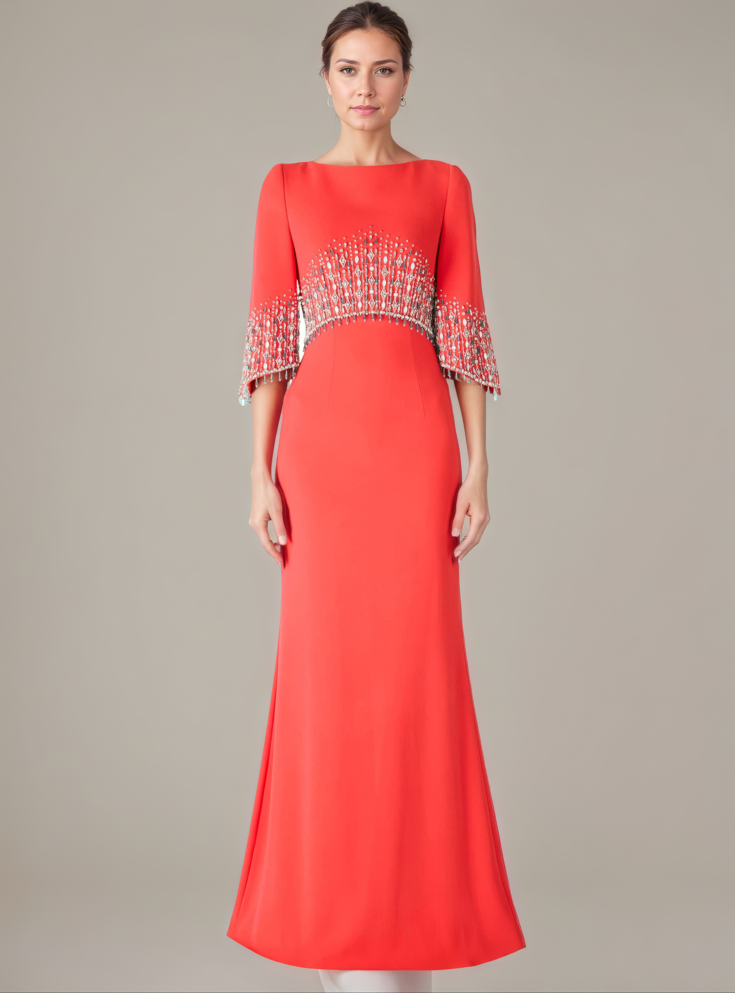 Red Cape-Overlay Evening Gown with Beaded Fringe