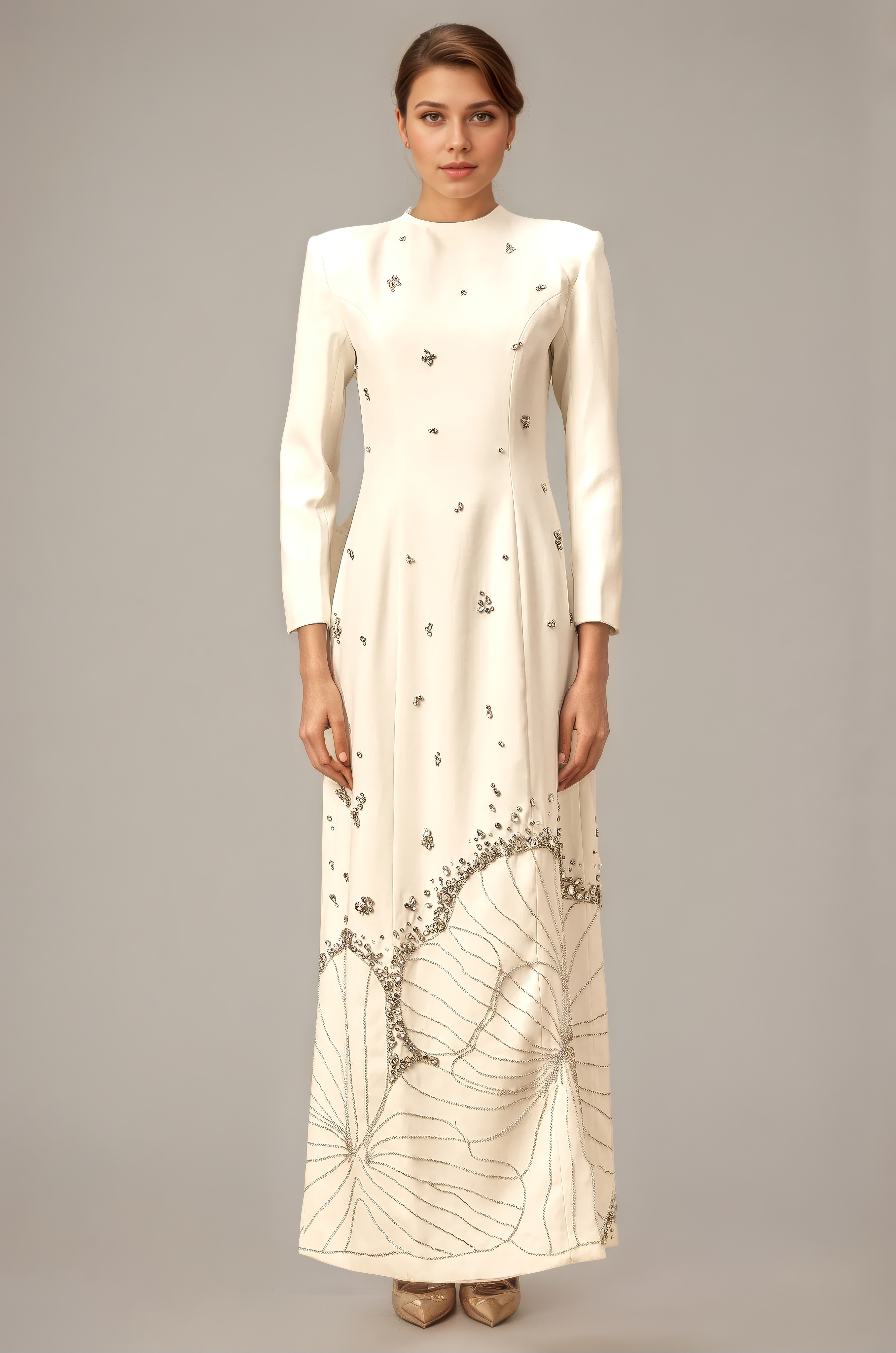 Ivory Crystal-Embellished Long-Sleeve Column Gown