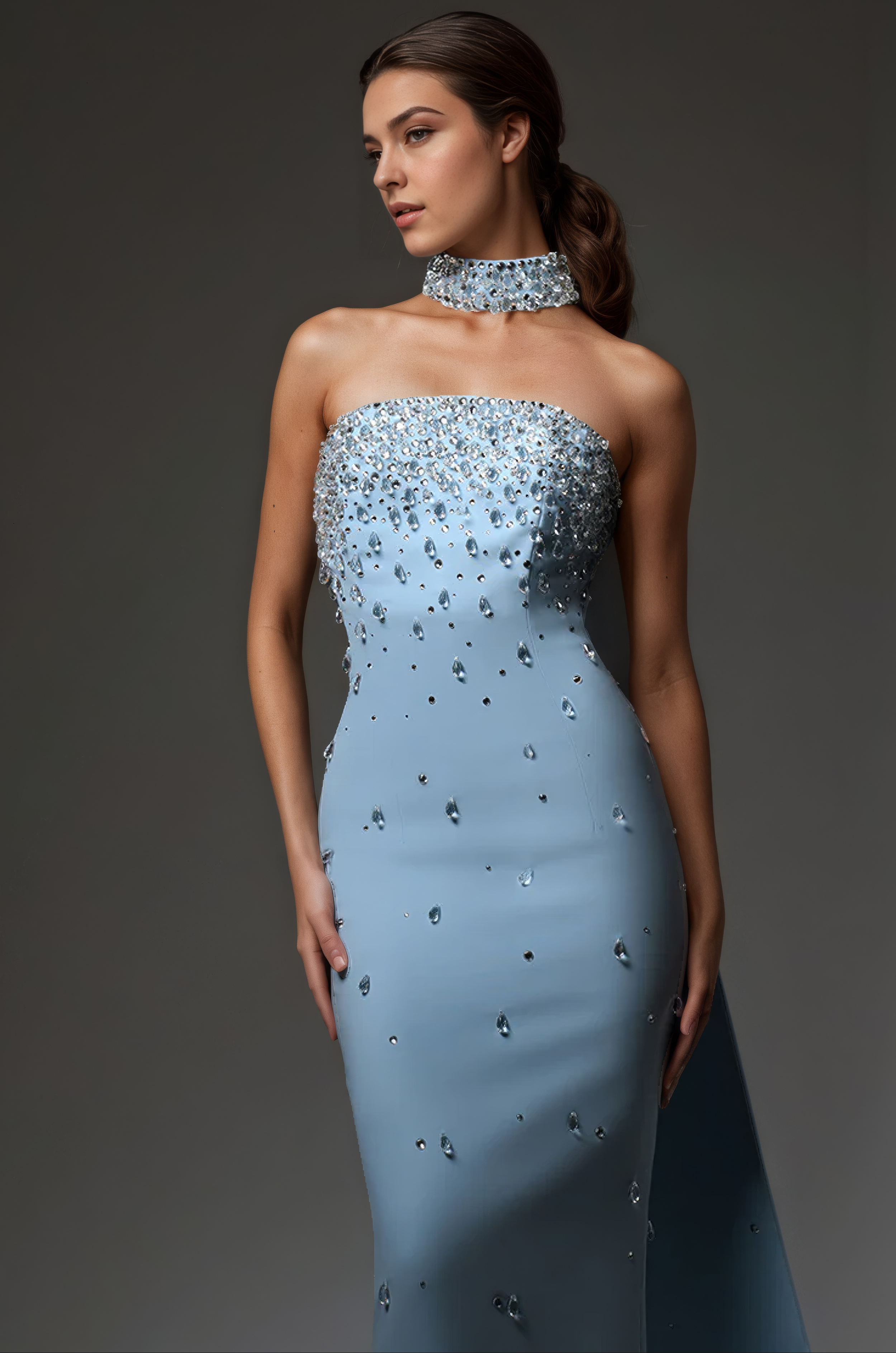 Blue Crystal Cape-Back Evening Gown
