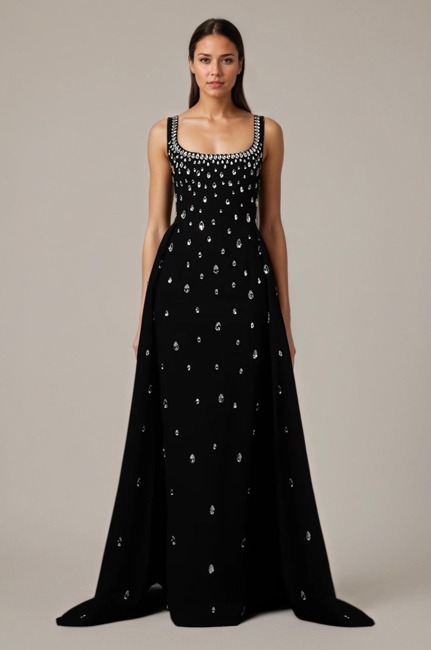 Woman wearing a black evening gown with white embellishments on a neutral background