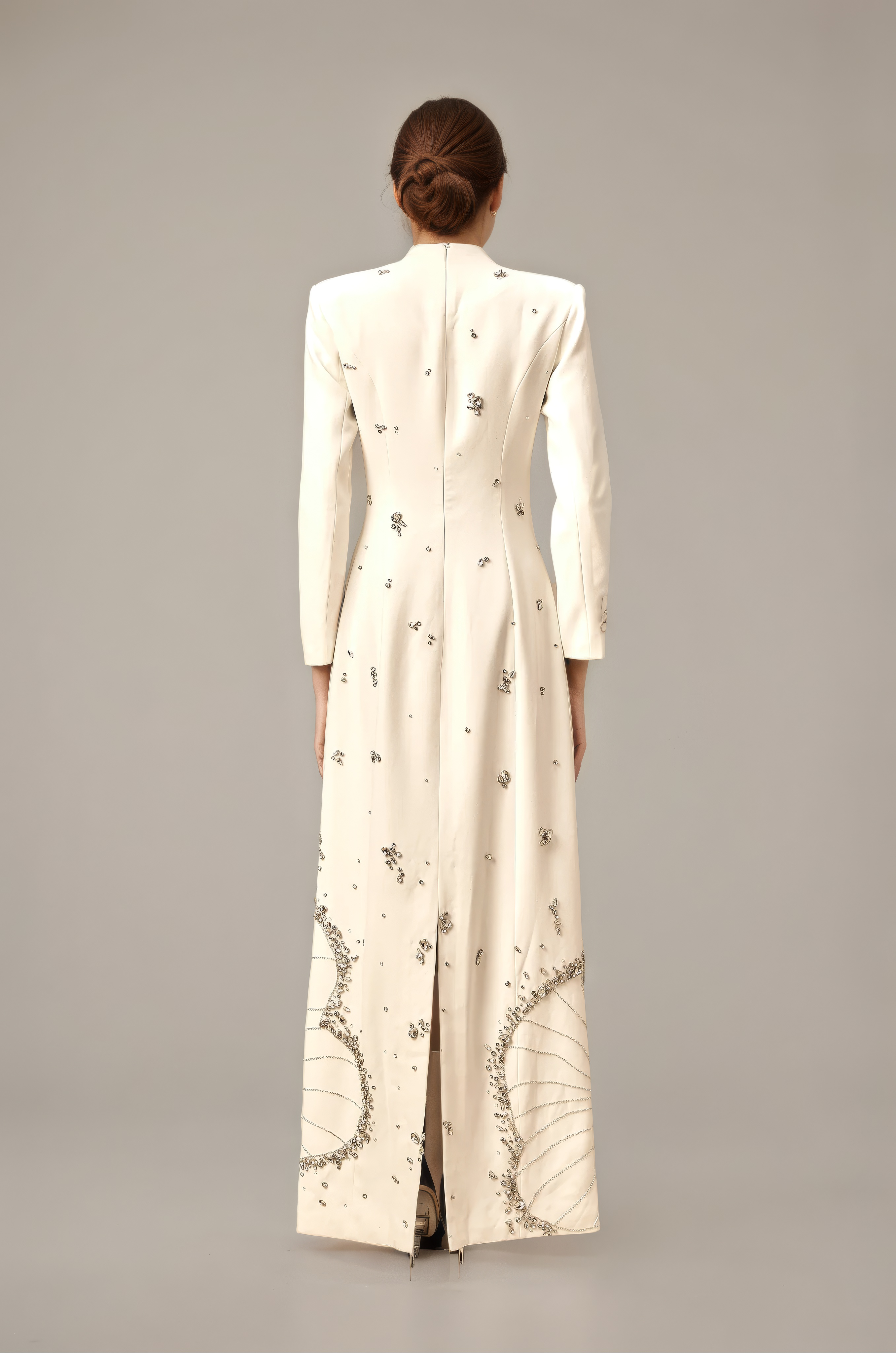Ivory Crystal-Embellished Long-Sleeve Column Gown