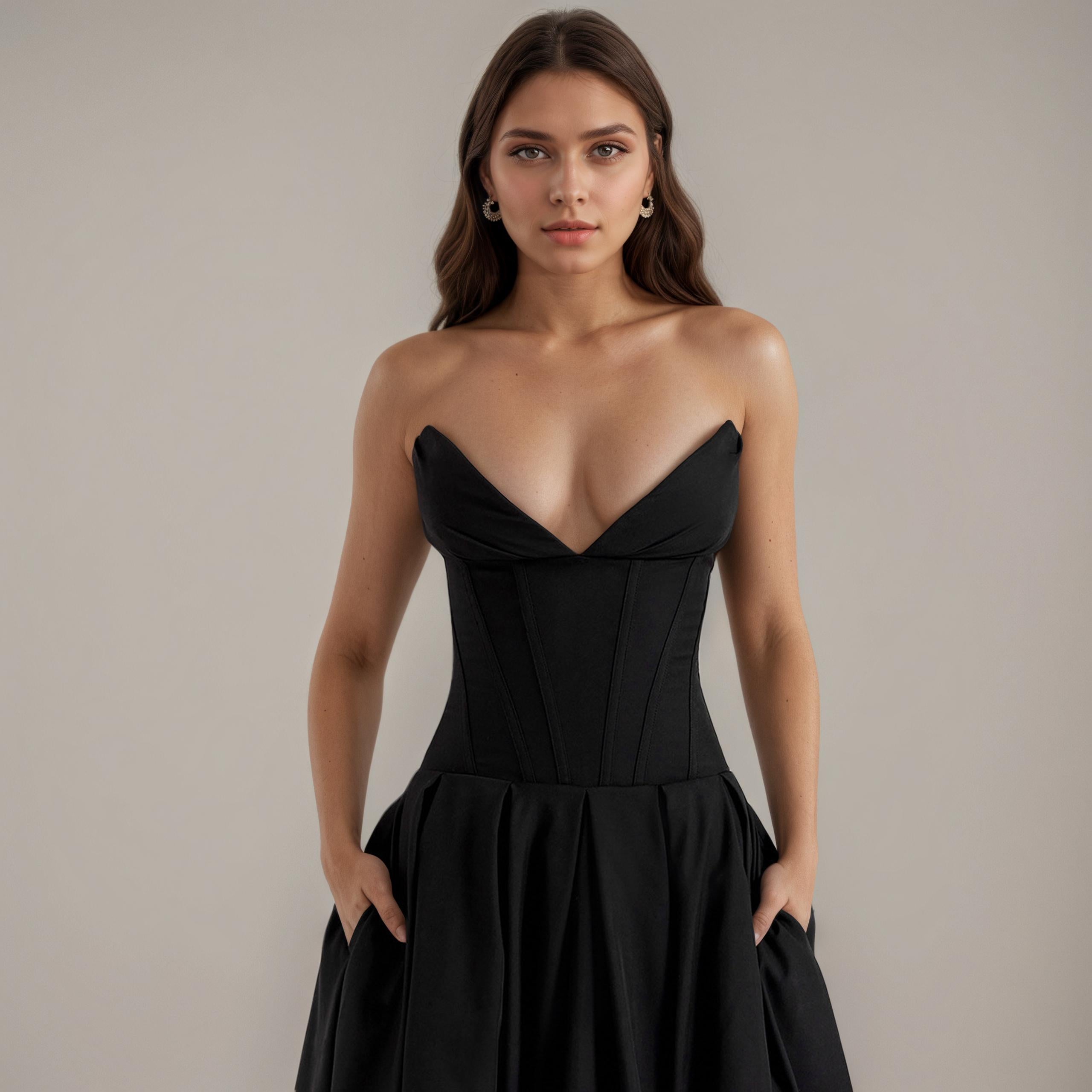 Chic Corset-Bodice Flared Midi Dress - Detail View