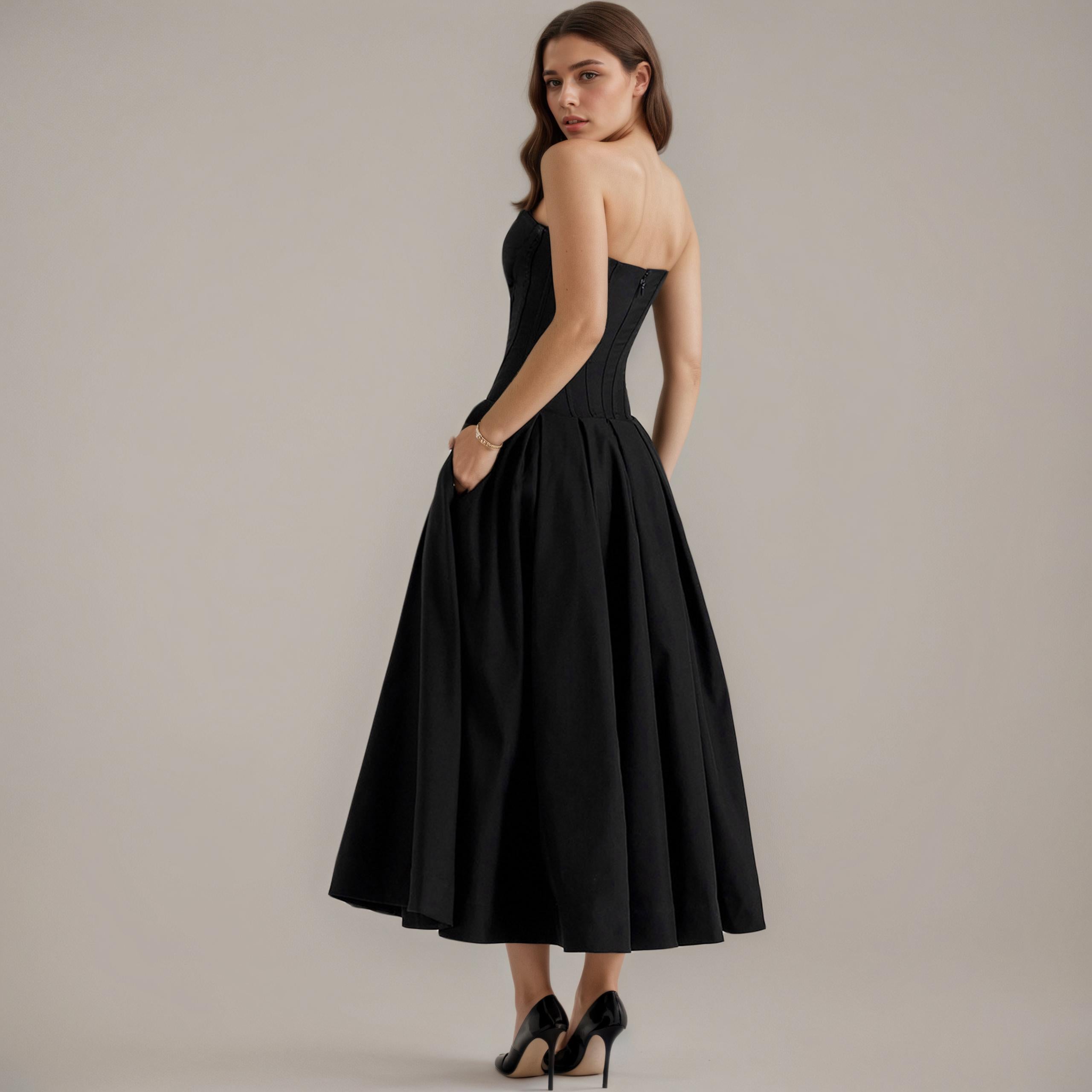 Chic Corset-Bodice Flared Midi Dress - Back View