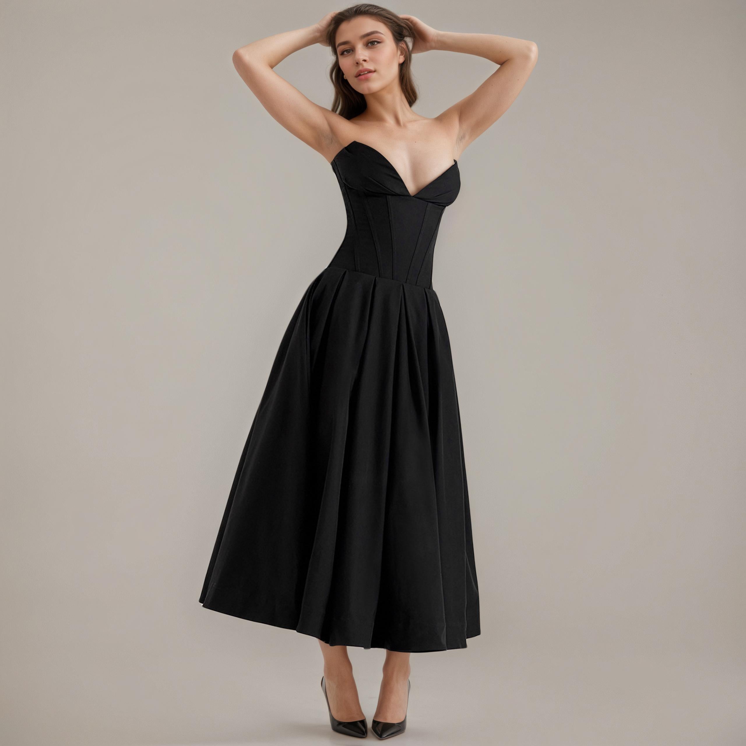 Chic Corset-Bodice Flared Midi Dress - Side View