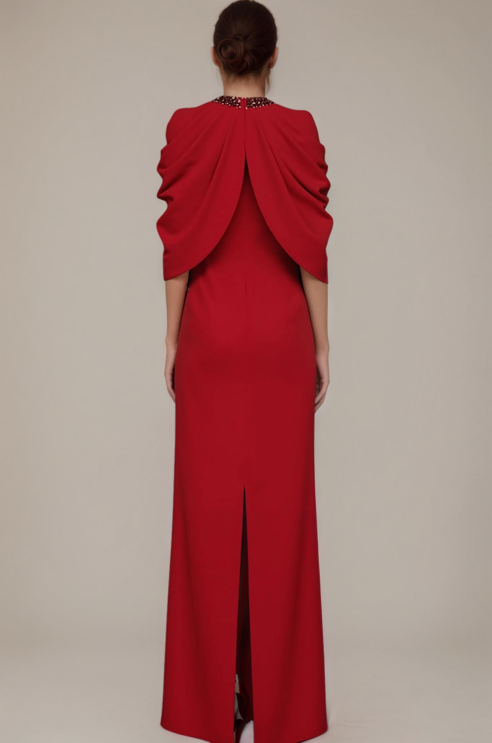 Adriana Regal Beaded Neckline Red Evening Dress - Back View | Orabella