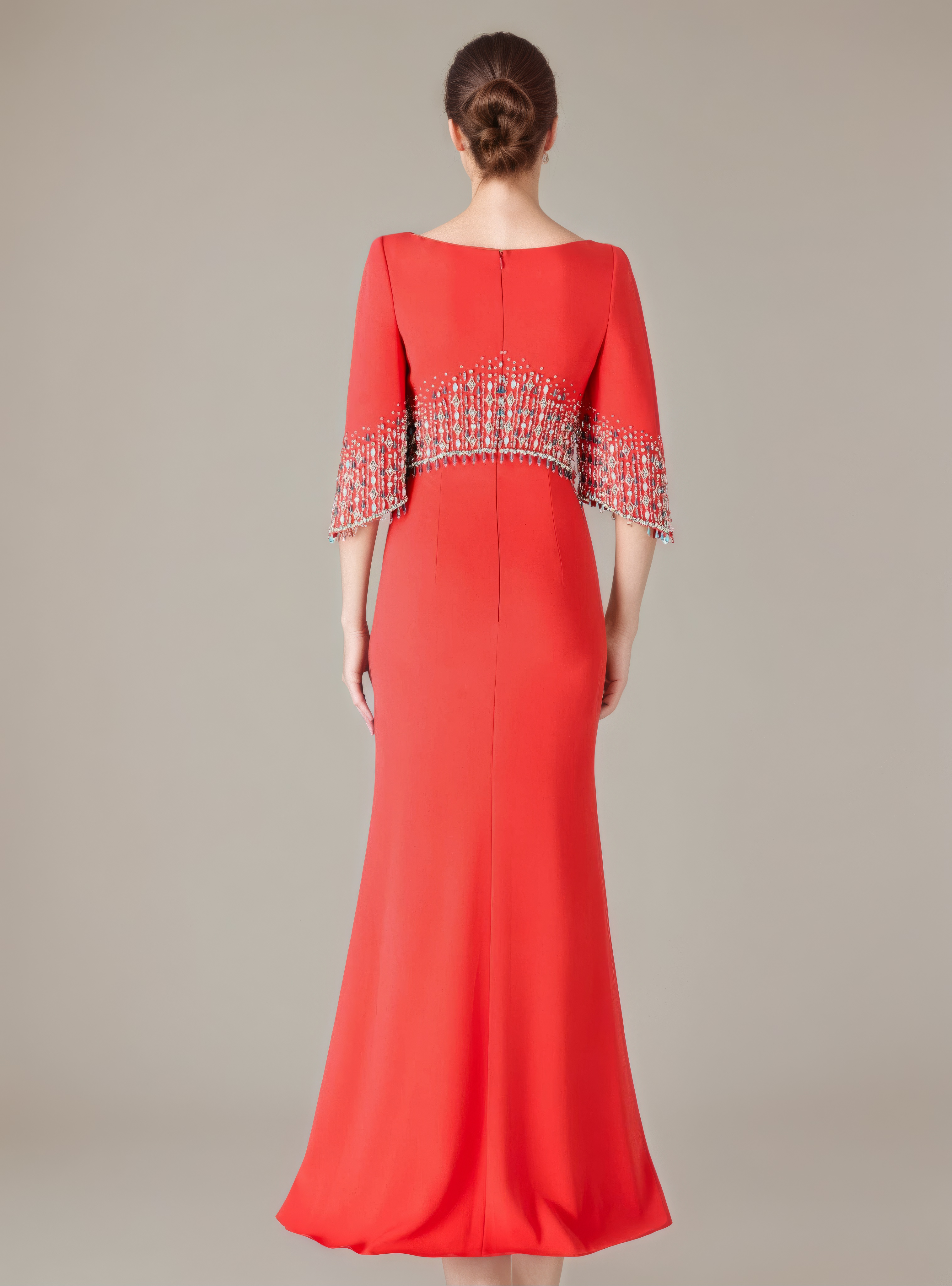 Red Cape-Overlay Evening Gown with Beaded Fringe