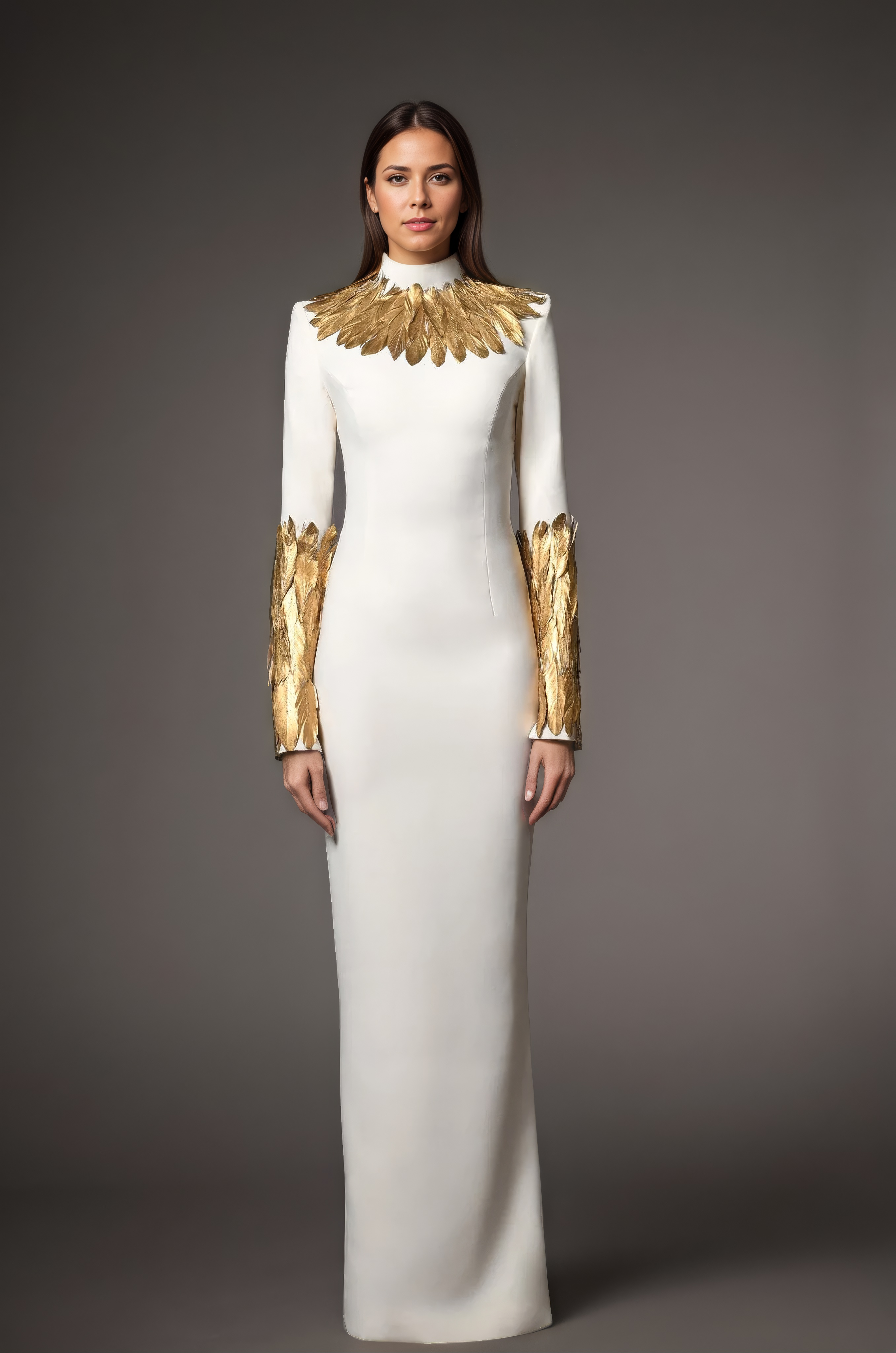 Gilded Feather Couture Host Evening Gown