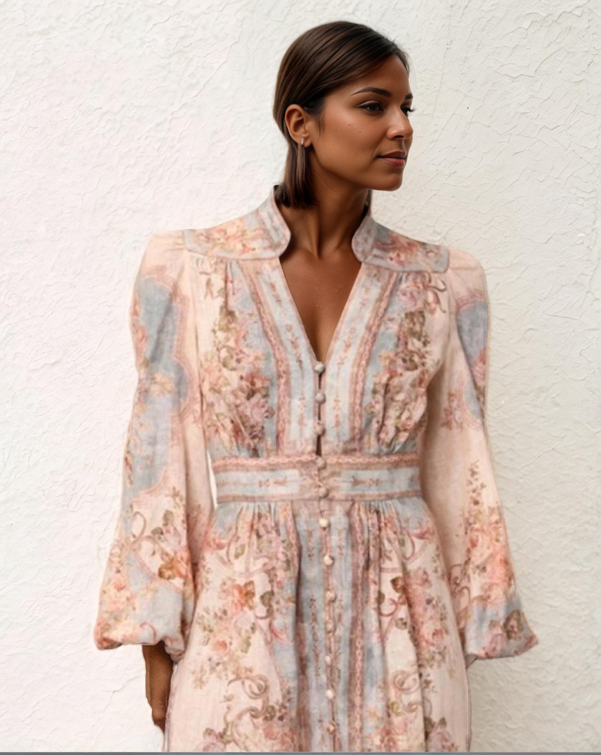 Vintage Floral Puff-Sleeve Maxi Dress