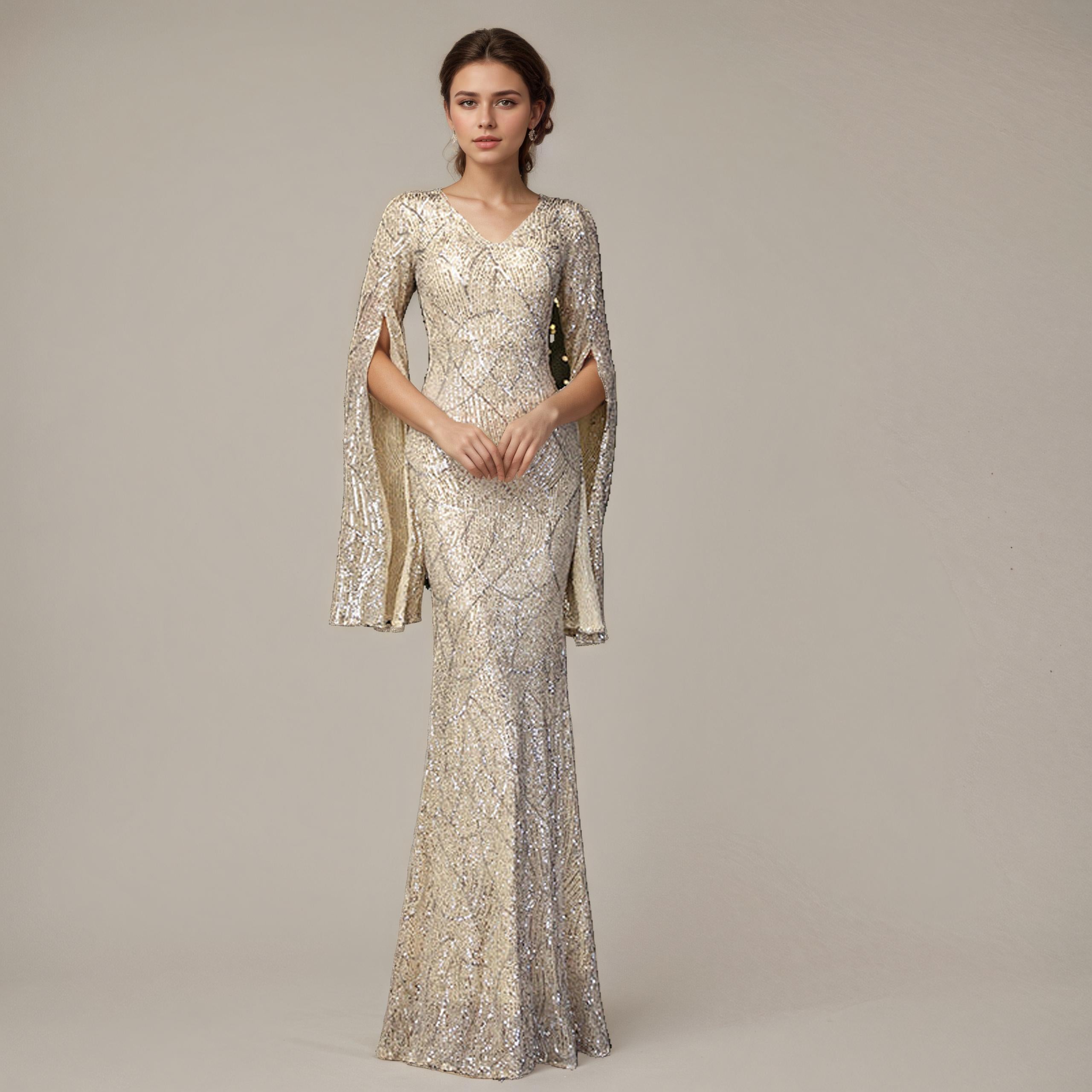 Sequined Cape-Sleeve maxi Dress