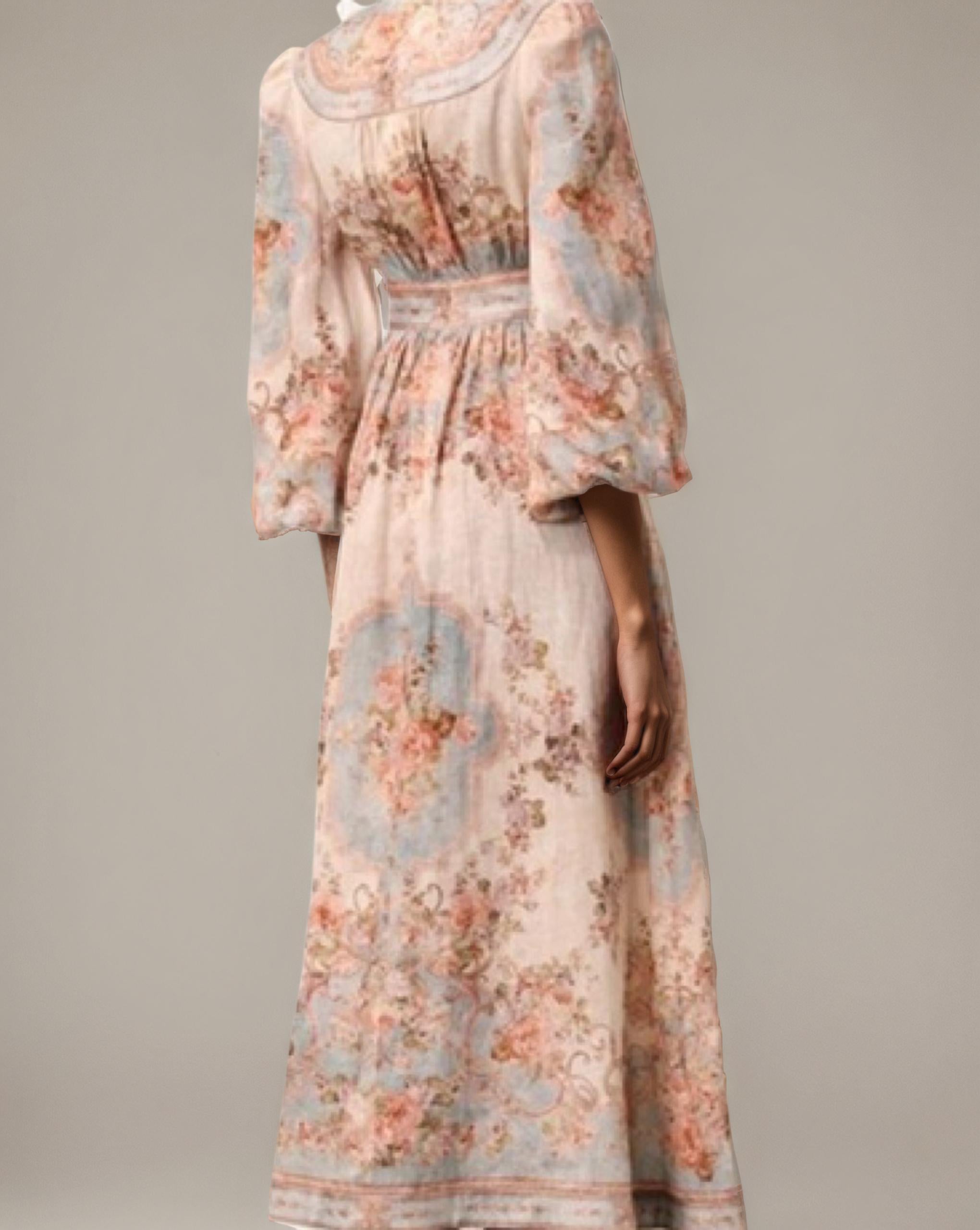 Vintage Floral Puff-Sleeve Maxi Dress