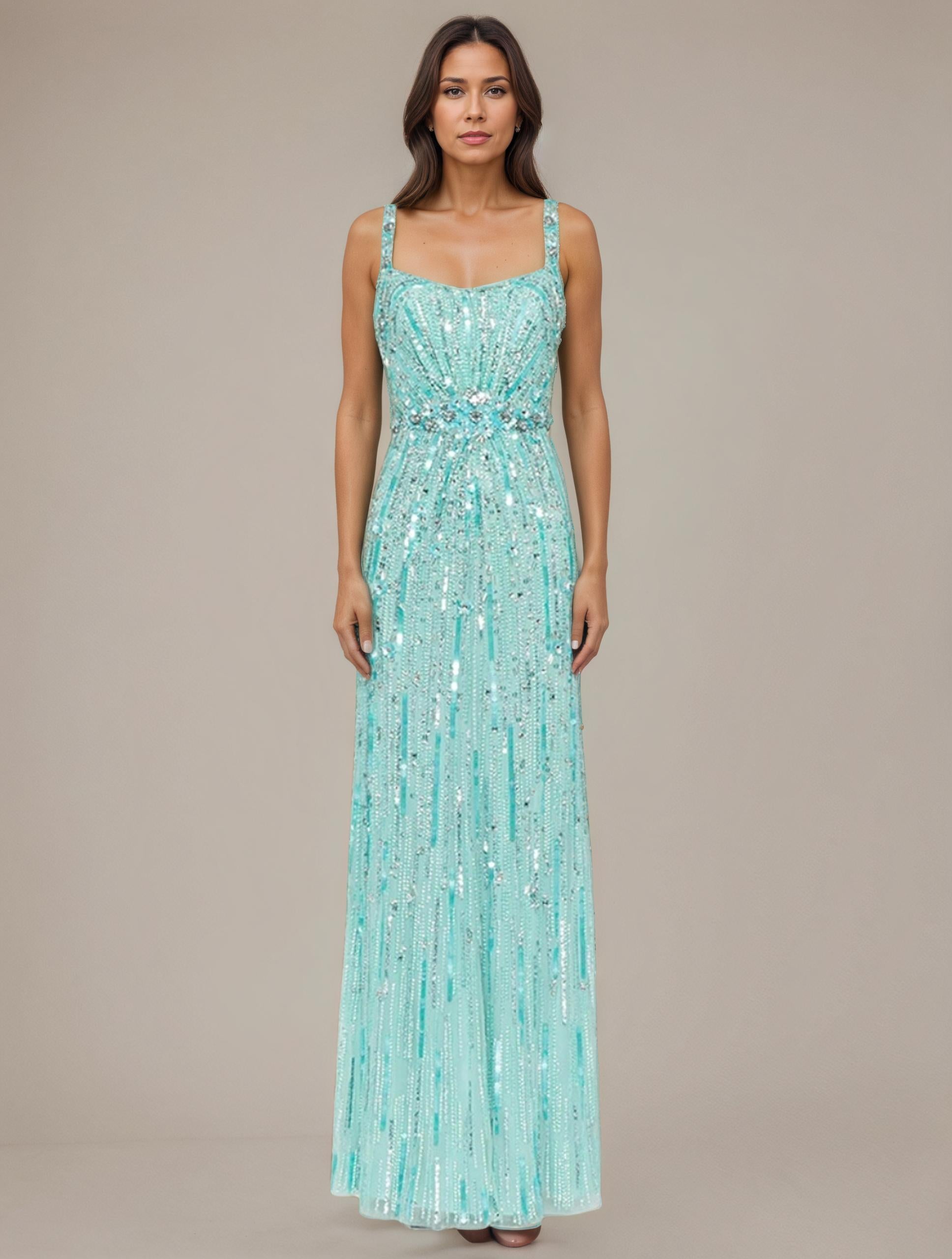 Aqua Beaded Strappy Fringe Evening Gown