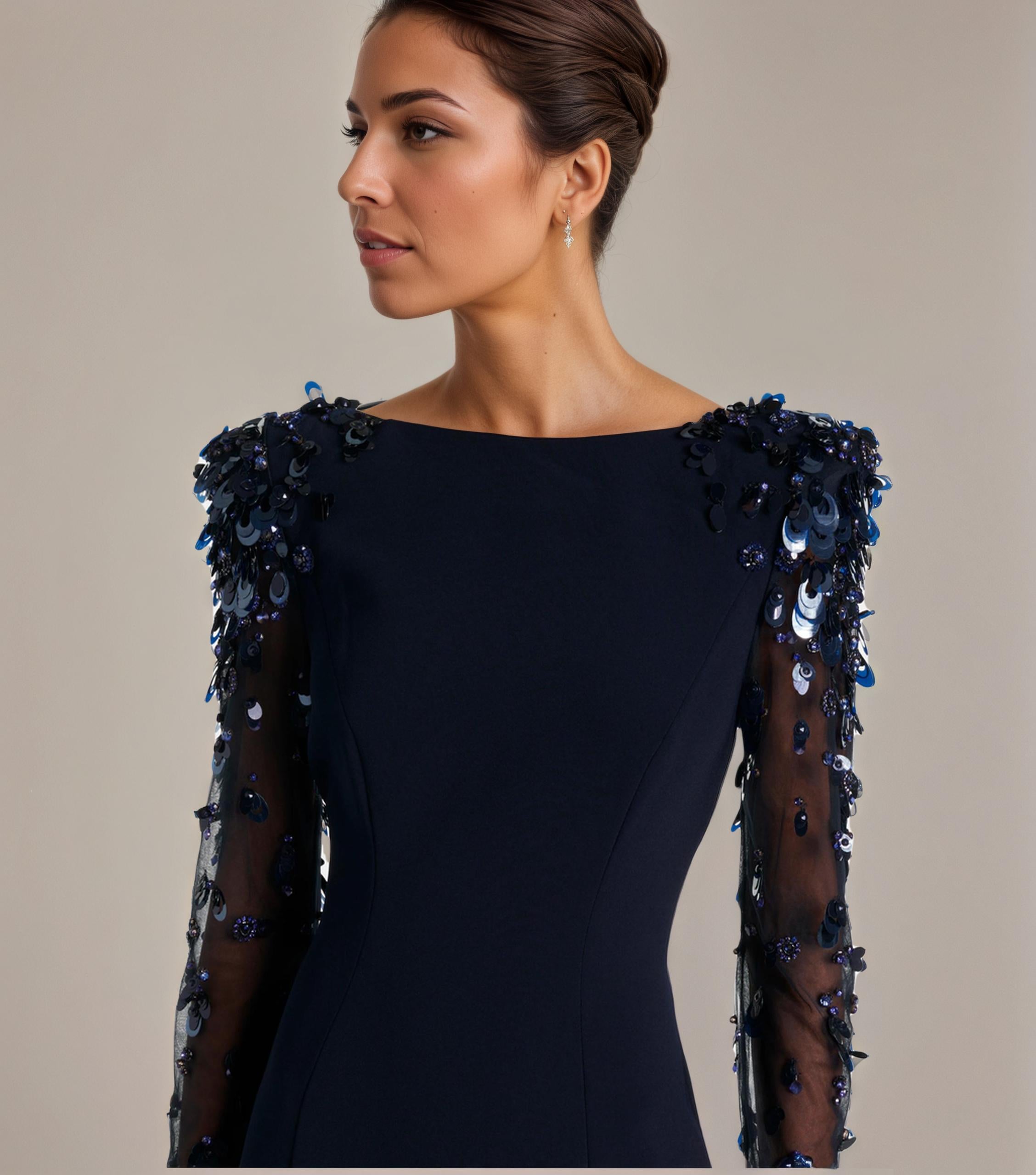 Ethereal Navy Bloom Mesh and Sequin Gown