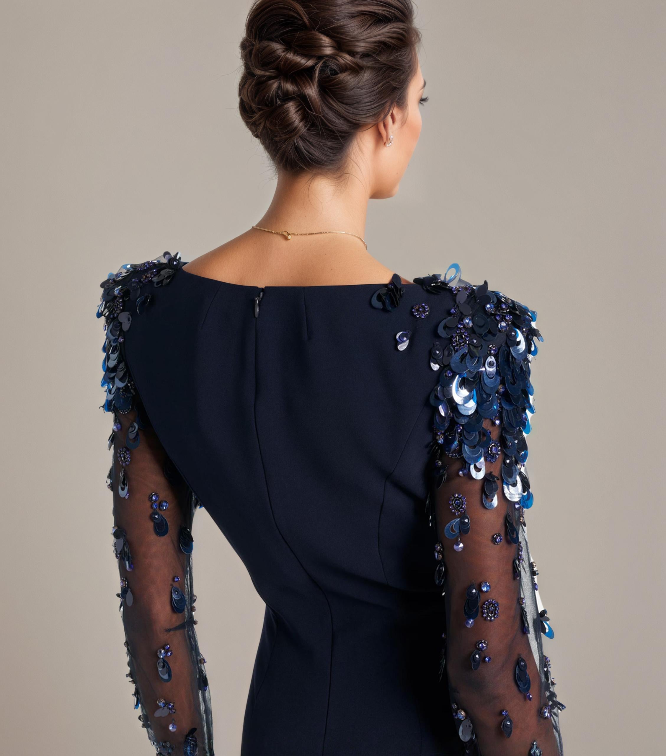 Ethereal Navy Bloom Mesh and Sequin Gown