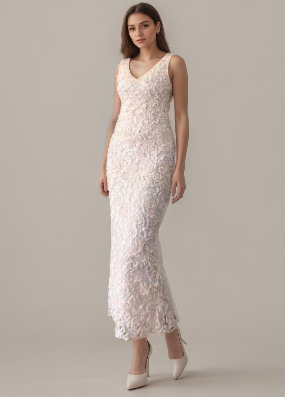 Pink 3D Rose Appliqué V-Neck Midi Dress