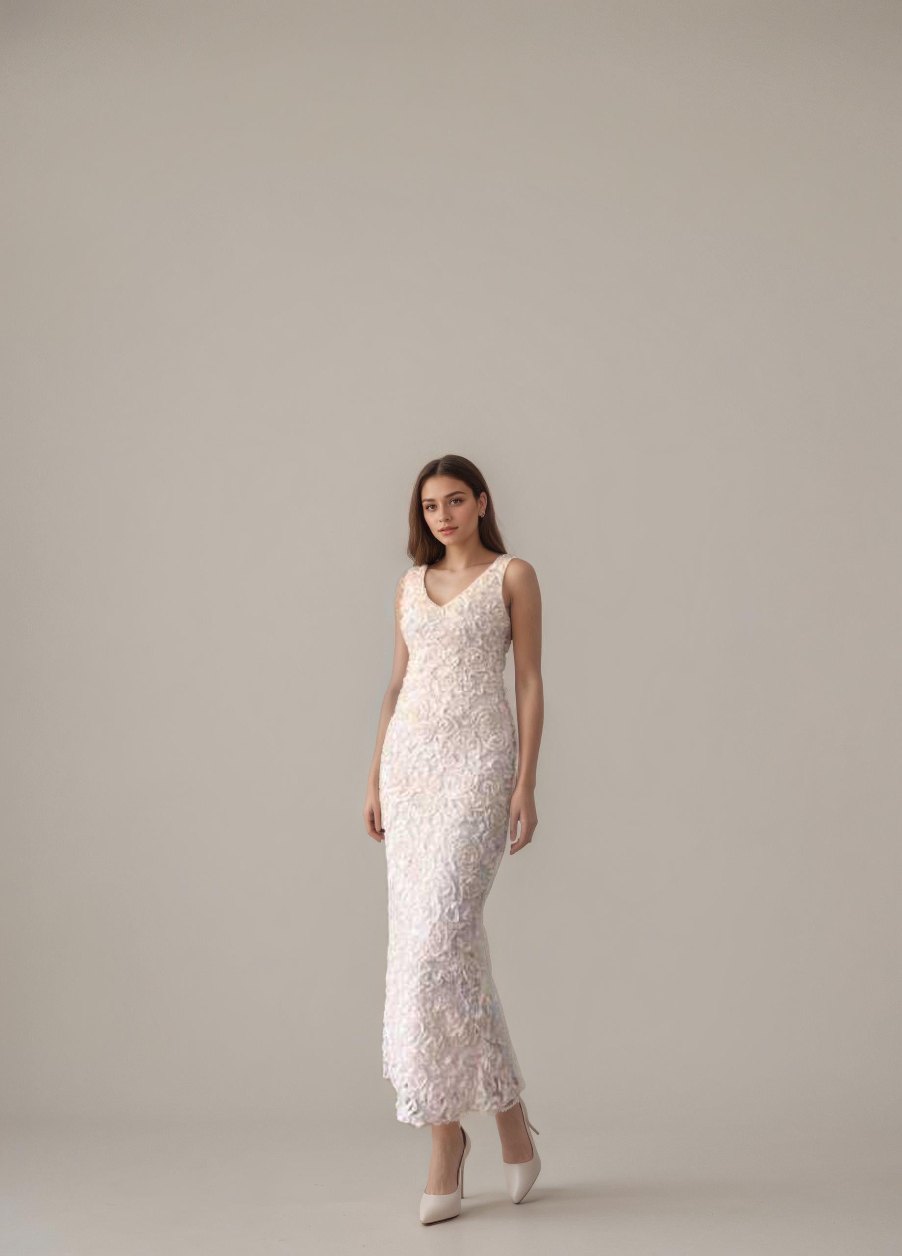 Pink 3D Rose Appliqué V-Neck Midi Dress