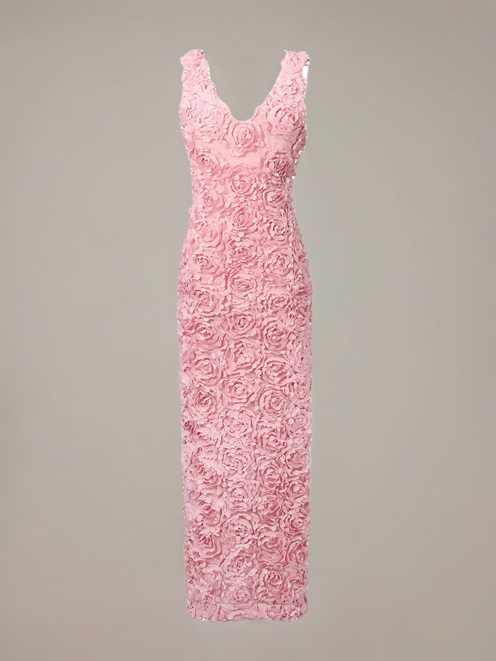 Pink 3D Rose Appliqué V-Neck Midi Dress