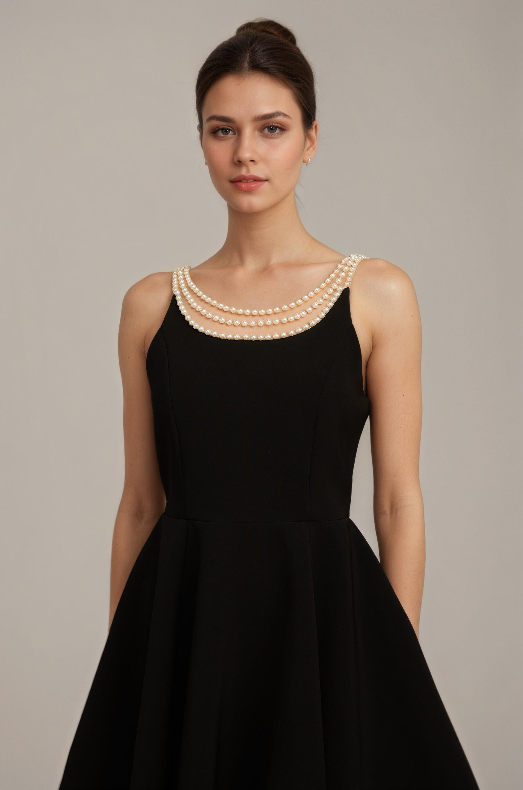Pearl Neckline Fit-and-Flare Black Mini Dress
