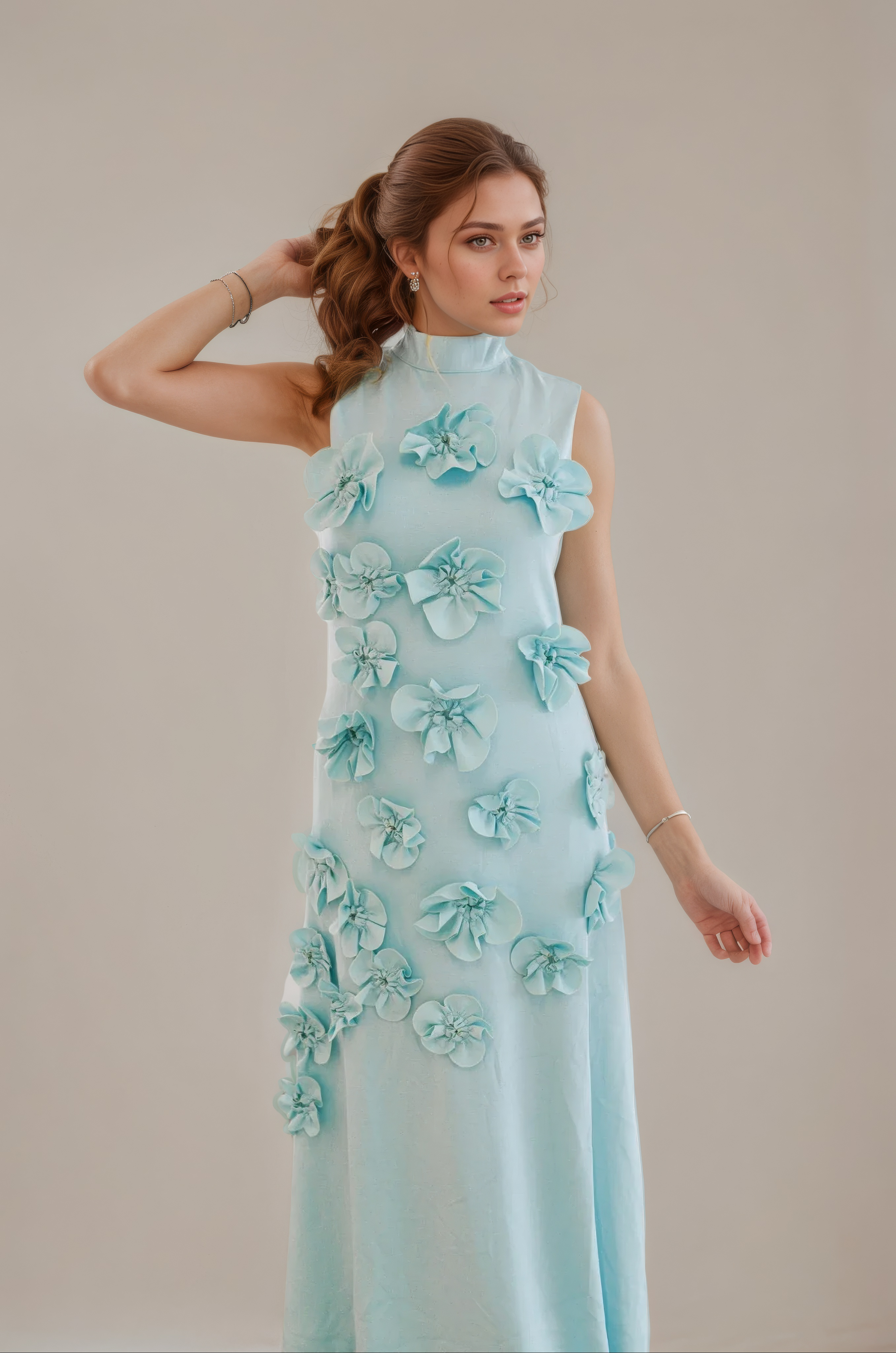 Lavender High-Neck Dress with Floral Detailing - Back View