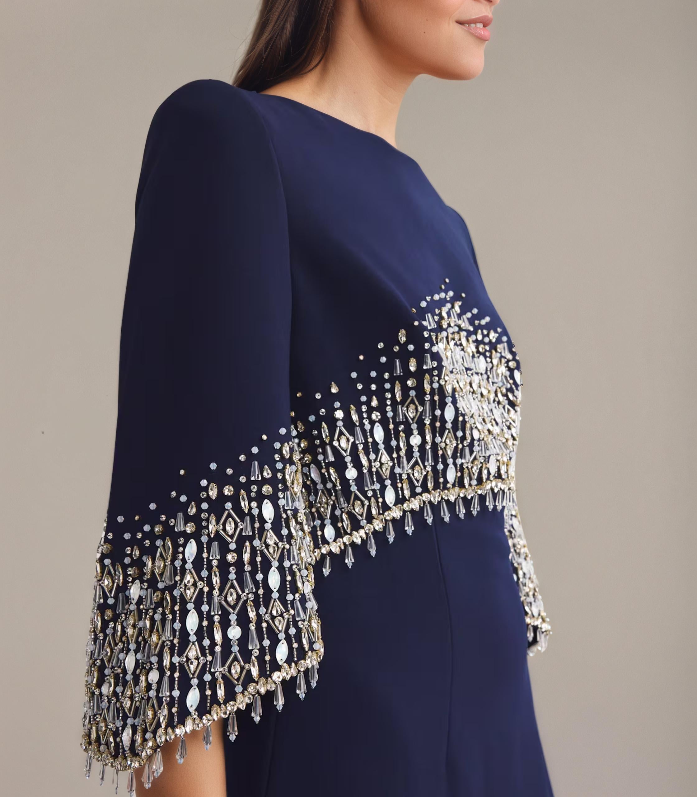 Royal Twilight Jewel-Cascade Sleeve Dress