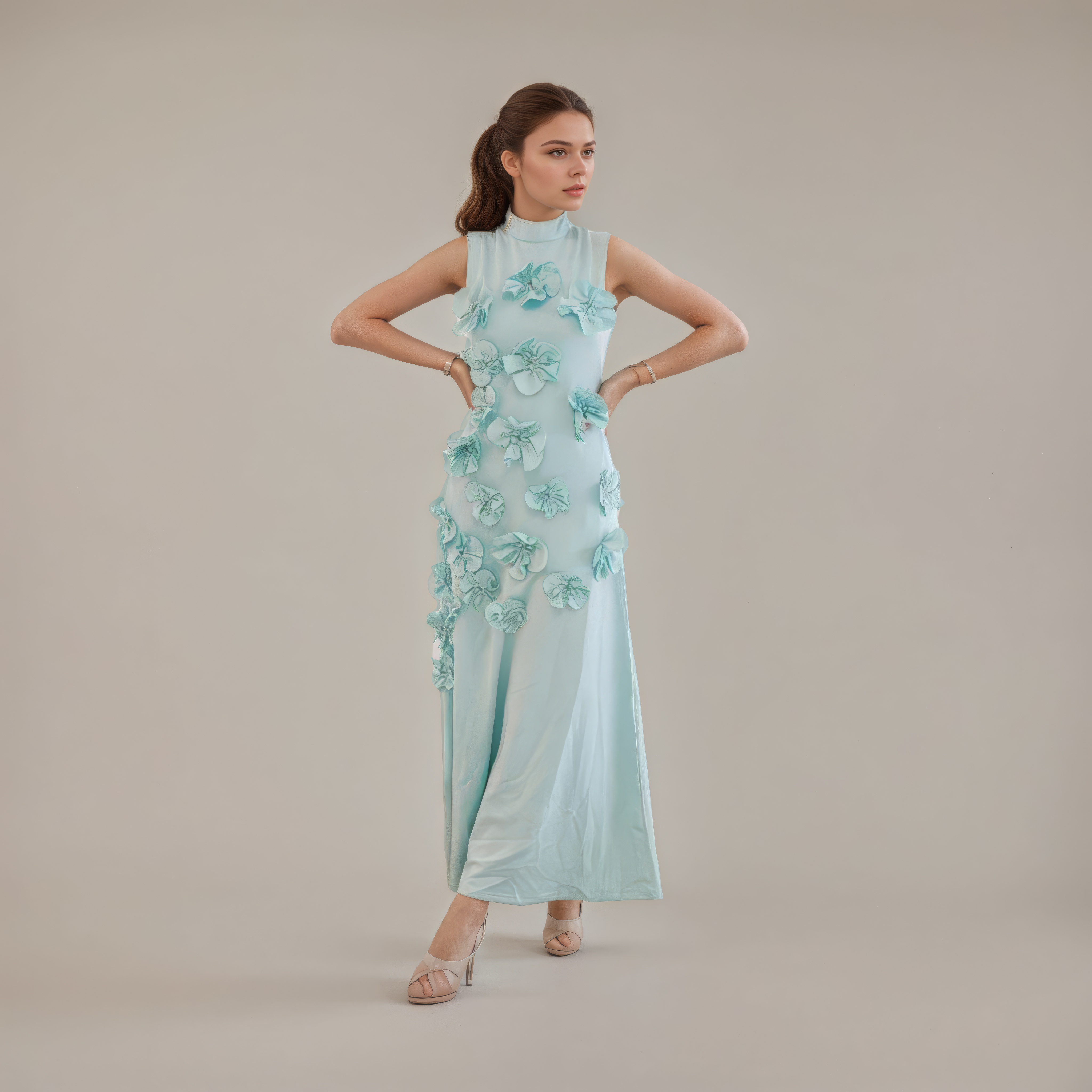 Lavender High-Neck Dress with Floral Detailing - Detail View