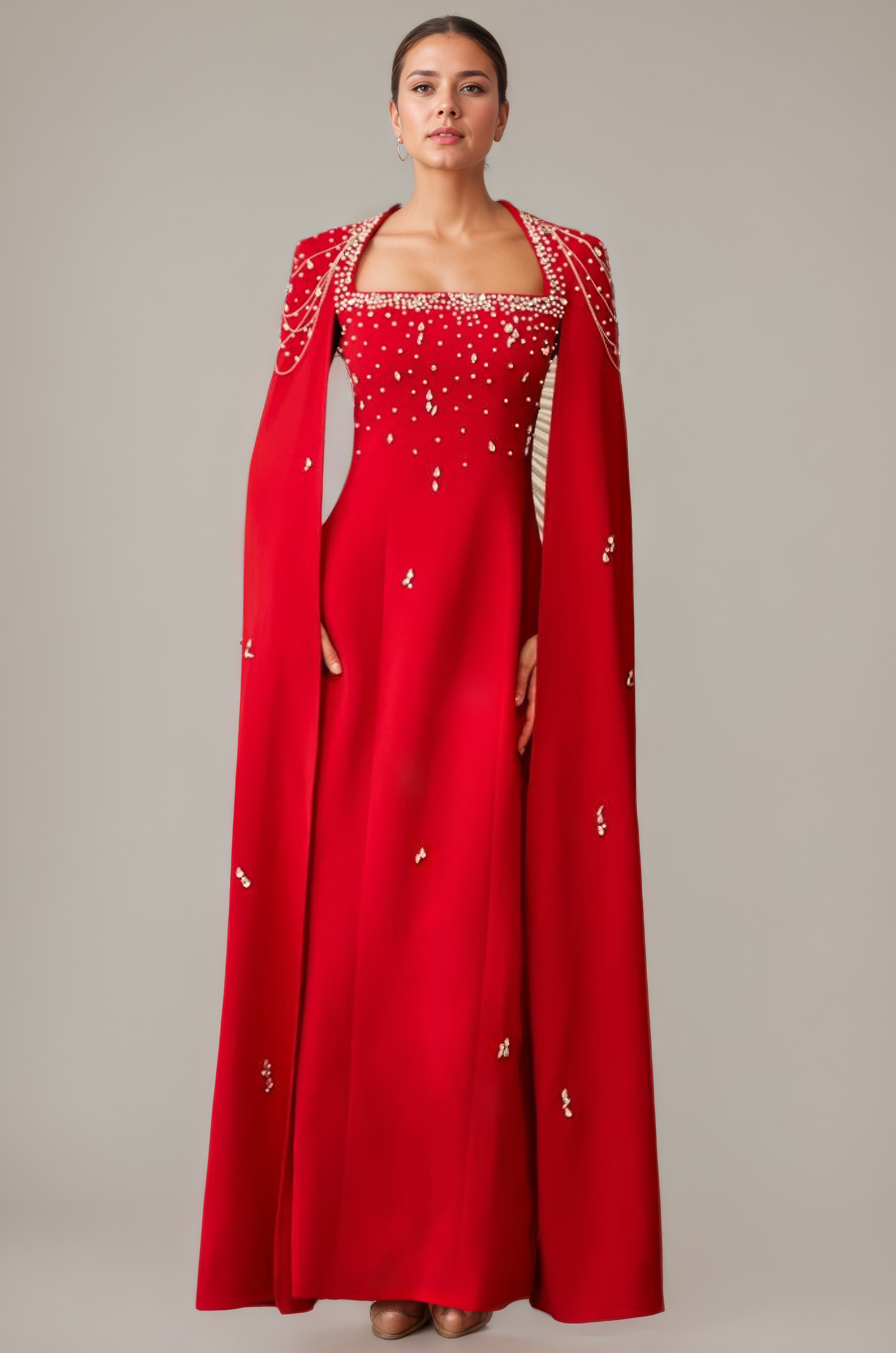 Celestial Chain Embellished Crimson Mirage  Cape Gown