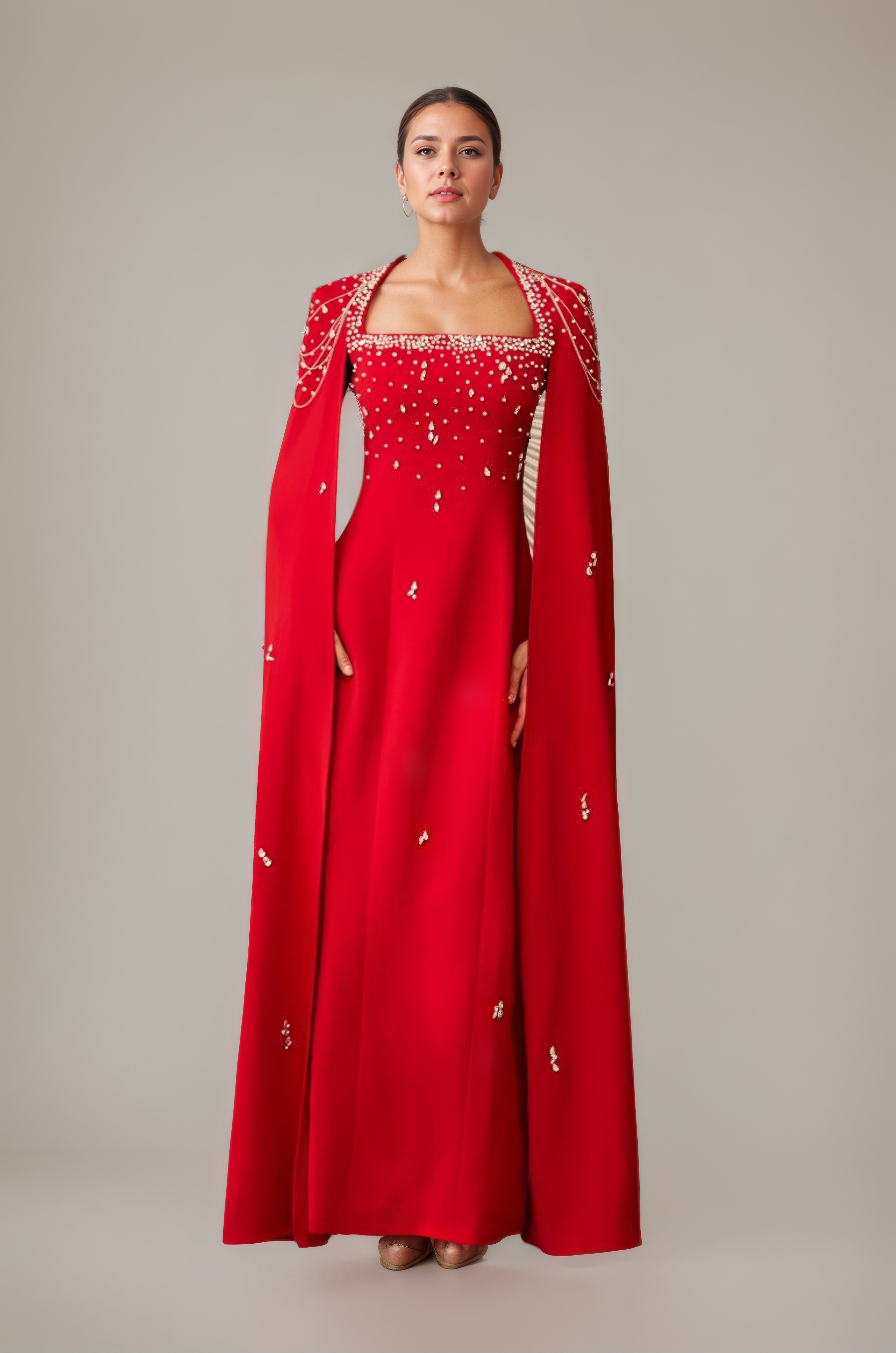Celestial Chain Embellished Crimson Mirage  Cape Gown