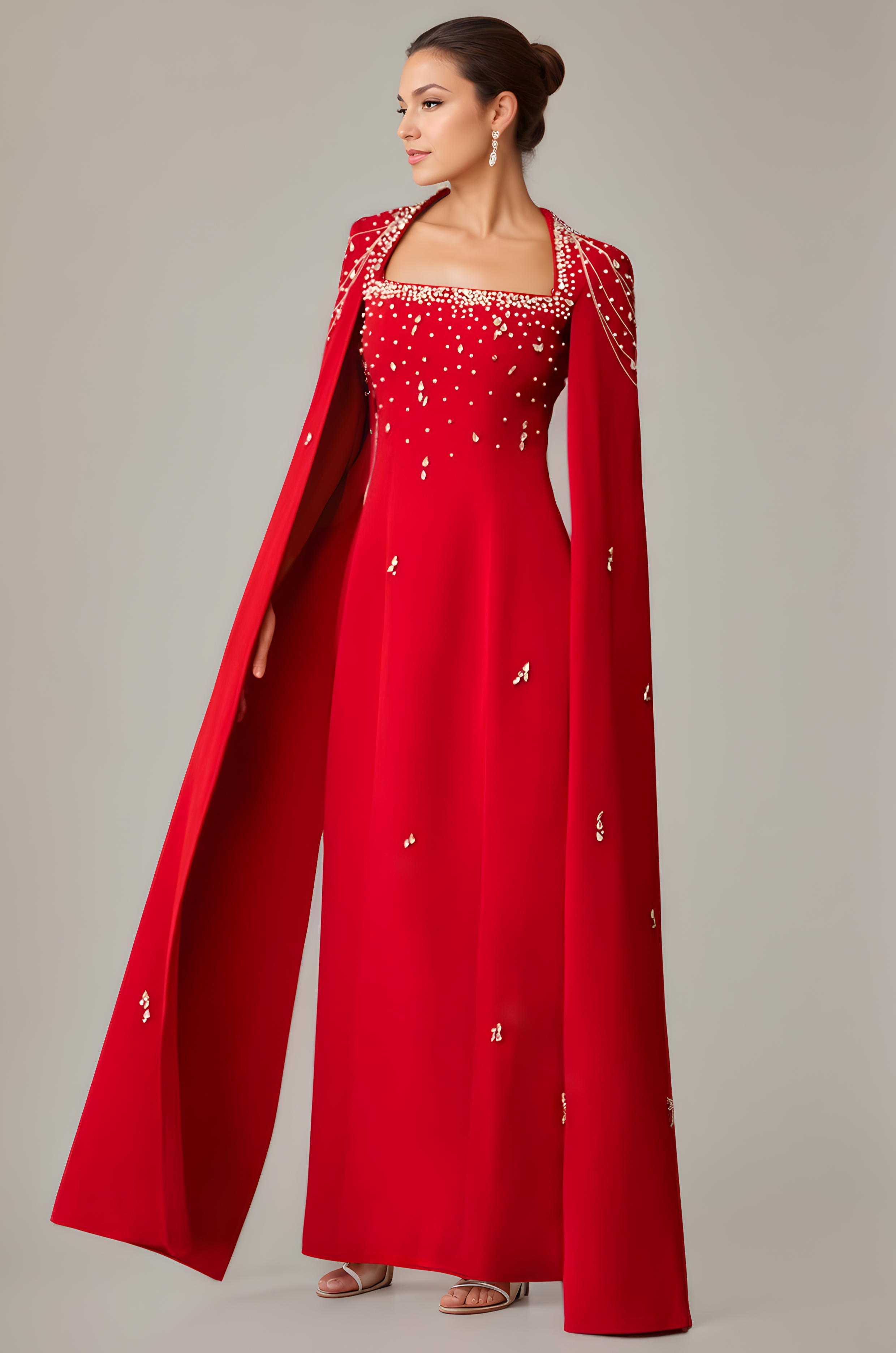 Celestial Chain Embellished Crimson Mirage  Cape Gown