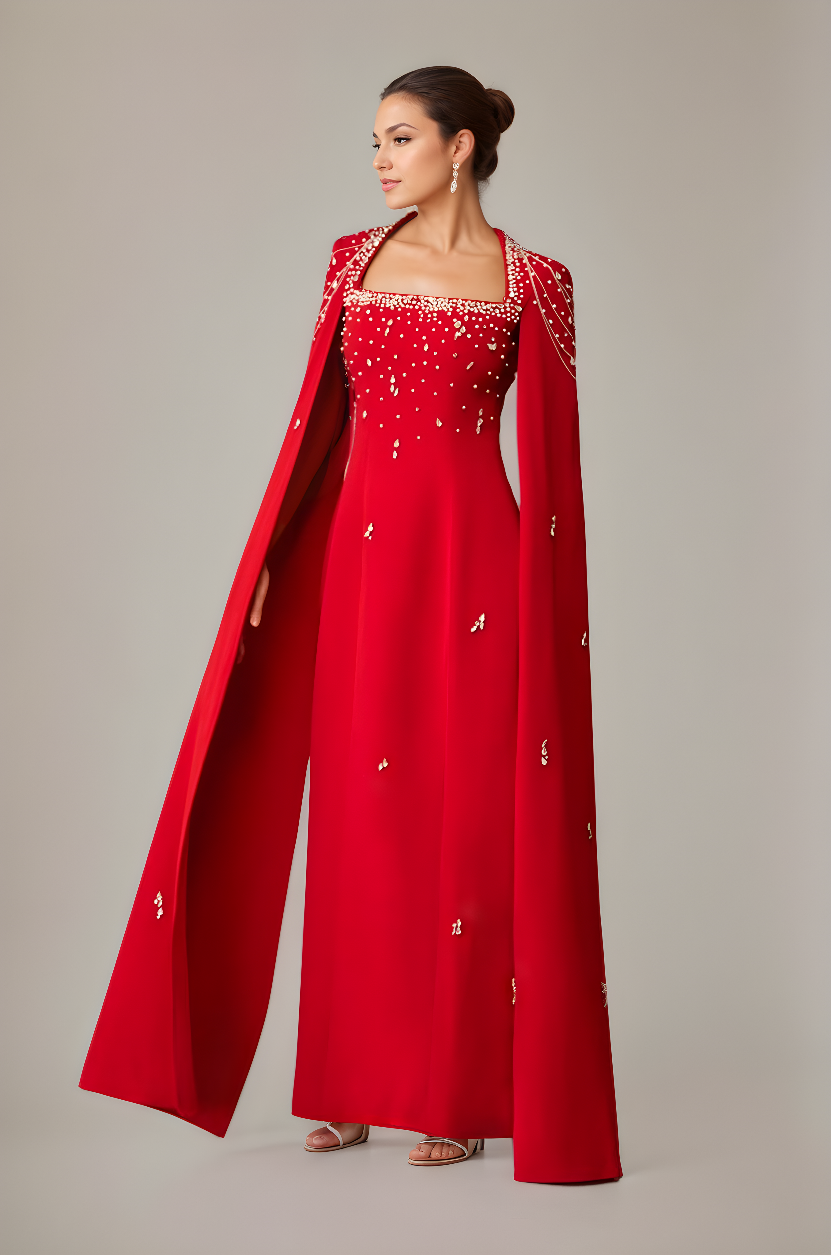 Celestial Chain Embellished Crimson Mirage  Cape Gown