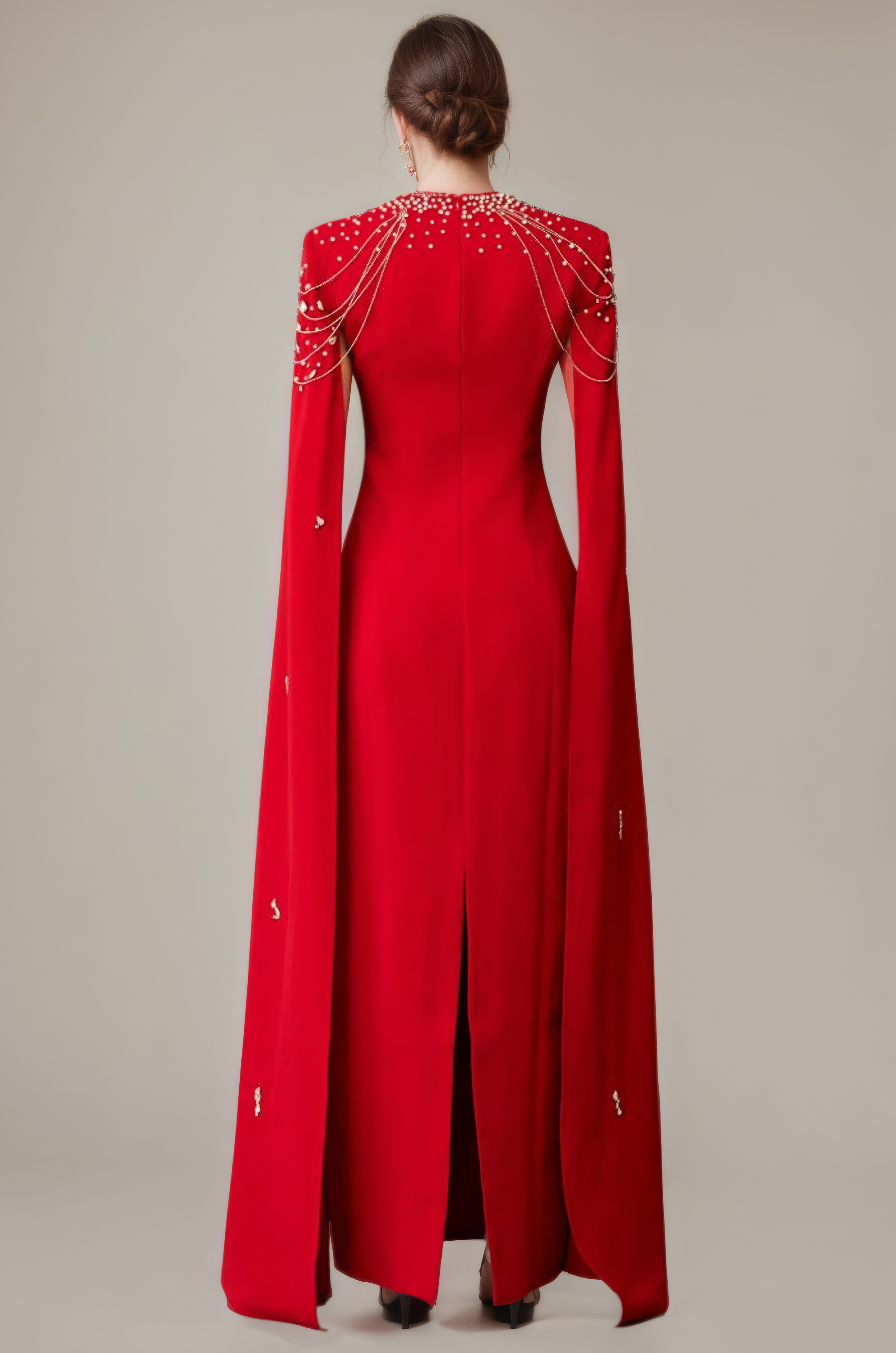 Celestial Chain Embellished Crimson Mirage  Cape Gown