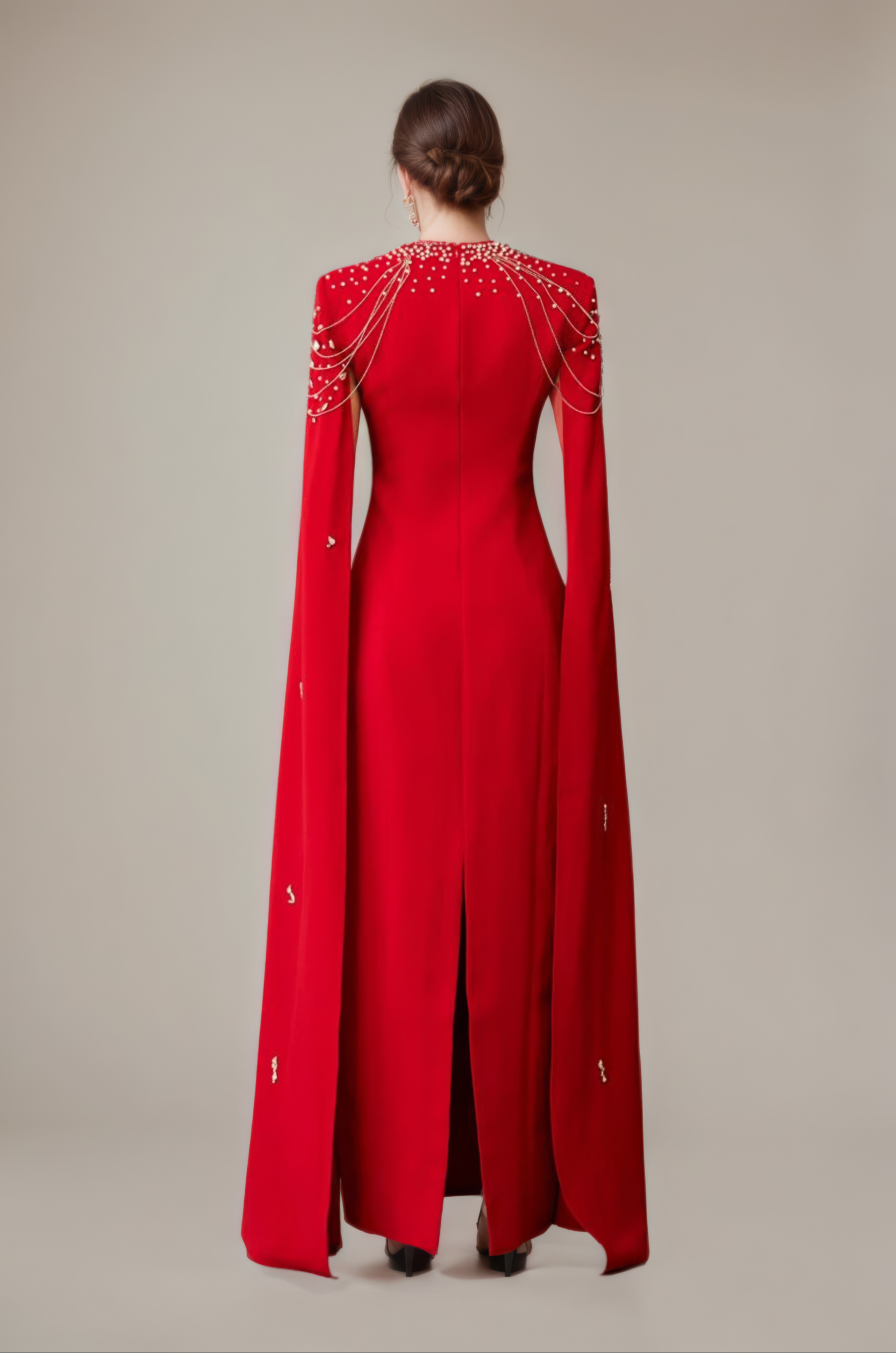 Celestial Chain Embellished Crimson Mirage  Cape Gown